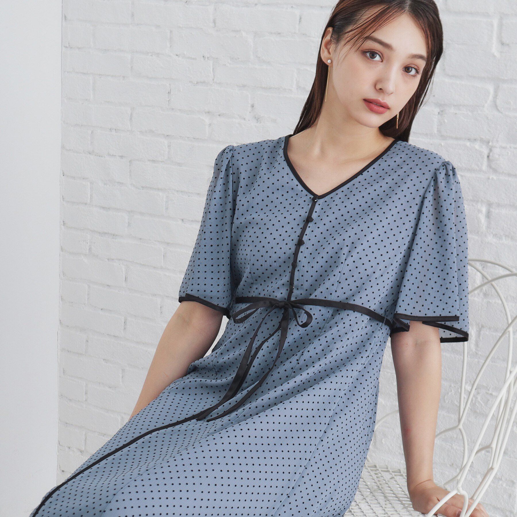 index「フロッキードットバイカラーフレアワンピース【洗濯機洗い可/防シワ】」|ワンピース|ブルー(191)