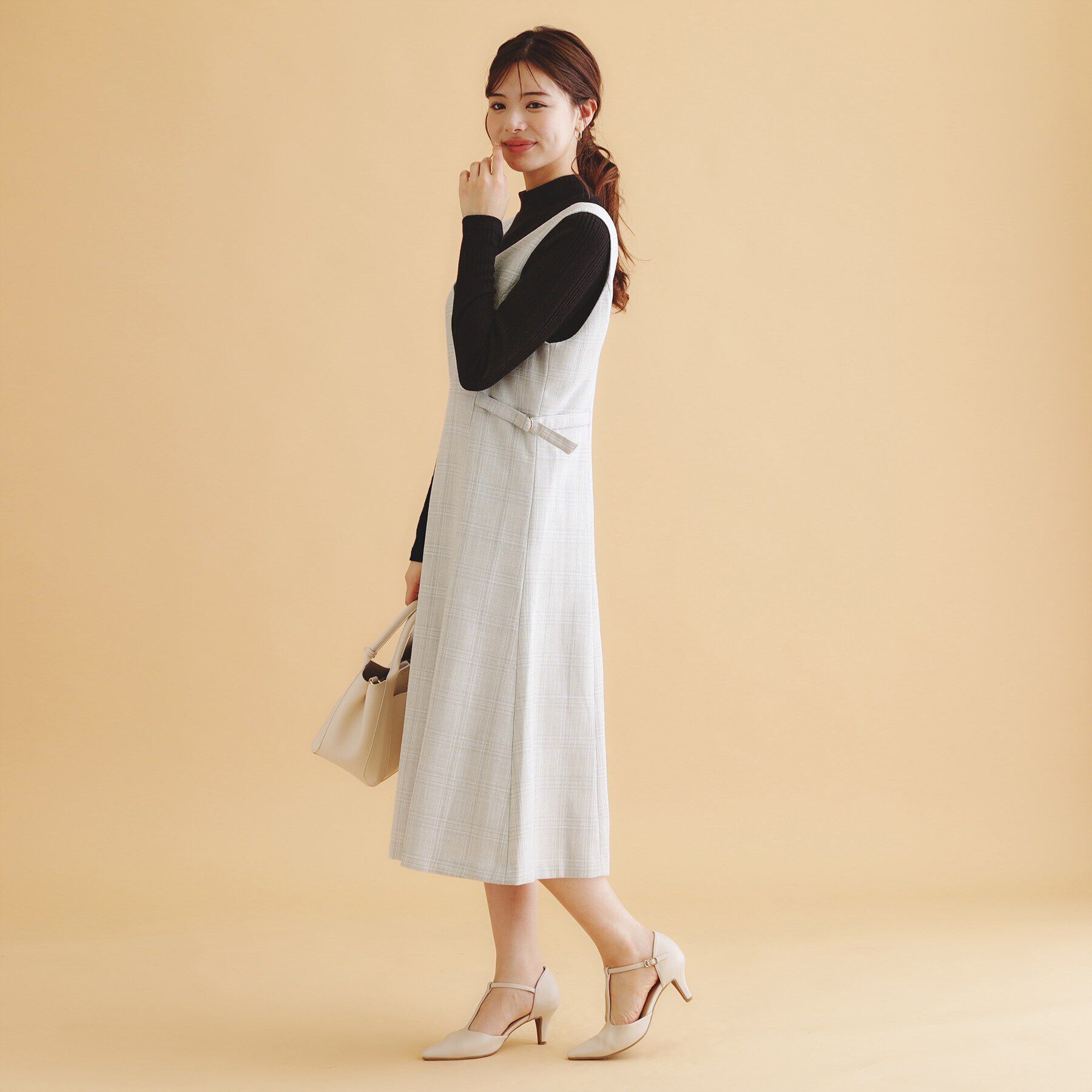 index「《美人百花掲載》チェック柄Vネックジャンパースカート【洗濯機洗い可/イージーアイロン】」|ワンピース|