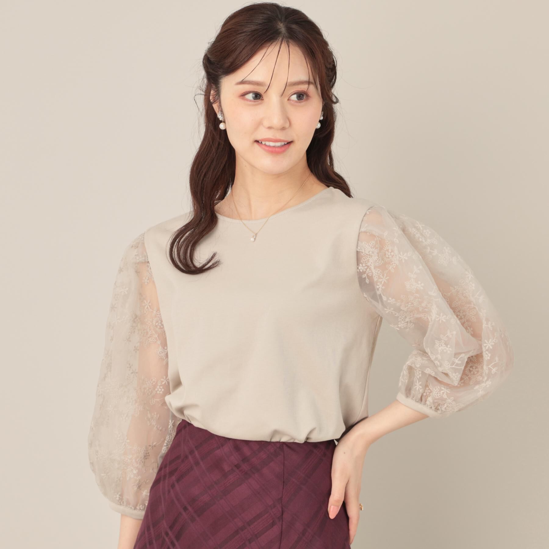 Couture broach「【接触冷感・UVカット・マシンウォッシャブル】袖レースドッキングカットソー」|Tシャツ・カットソー|