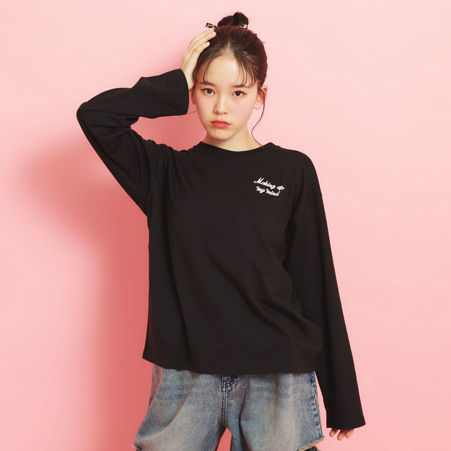 PINK-latte「【定番】クマちゃんロンT」|Tシャツ・カットソー|ブラック(019)