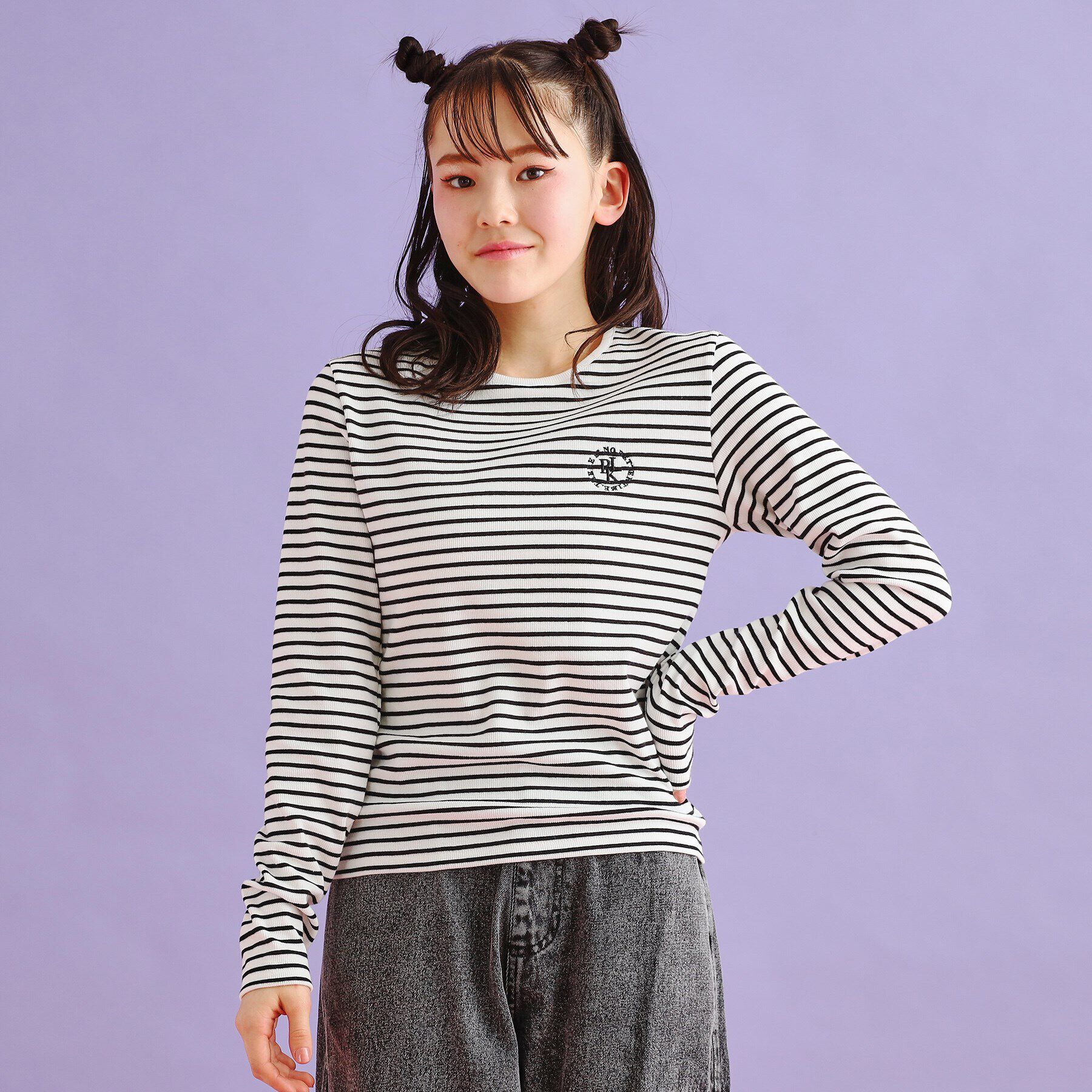 PINK-latte「シンプルテレコ長袖プルオーバー」|Tシャツ・カットソー|ホワイト&times;ブラック(