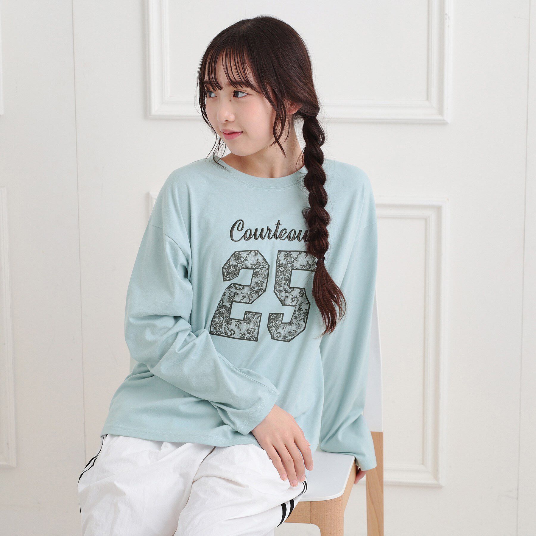 PINK-latte「レースプリントナンバリングロンT」|Tシャツ・カットソー|