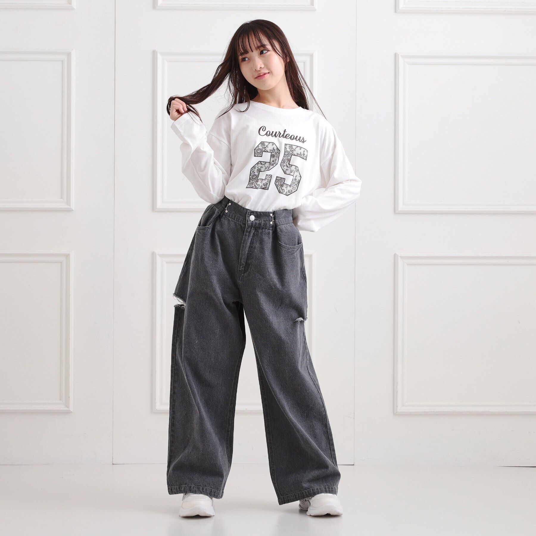 PINK-latte「レースプリントナンバリングロンT」|Tシャツ・カットソー|