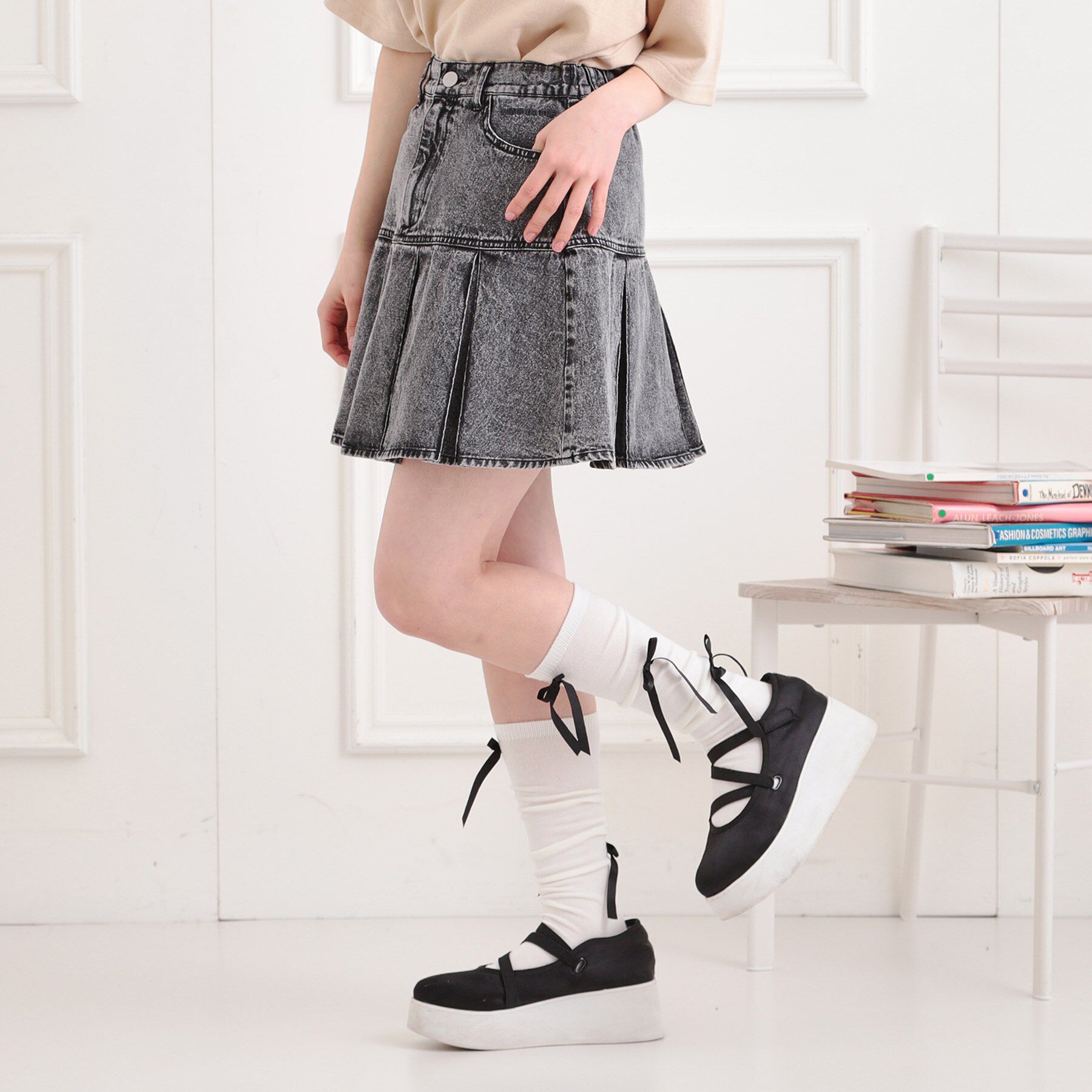 PINK-latte「デニム裾プリーツスカート」|スカート|