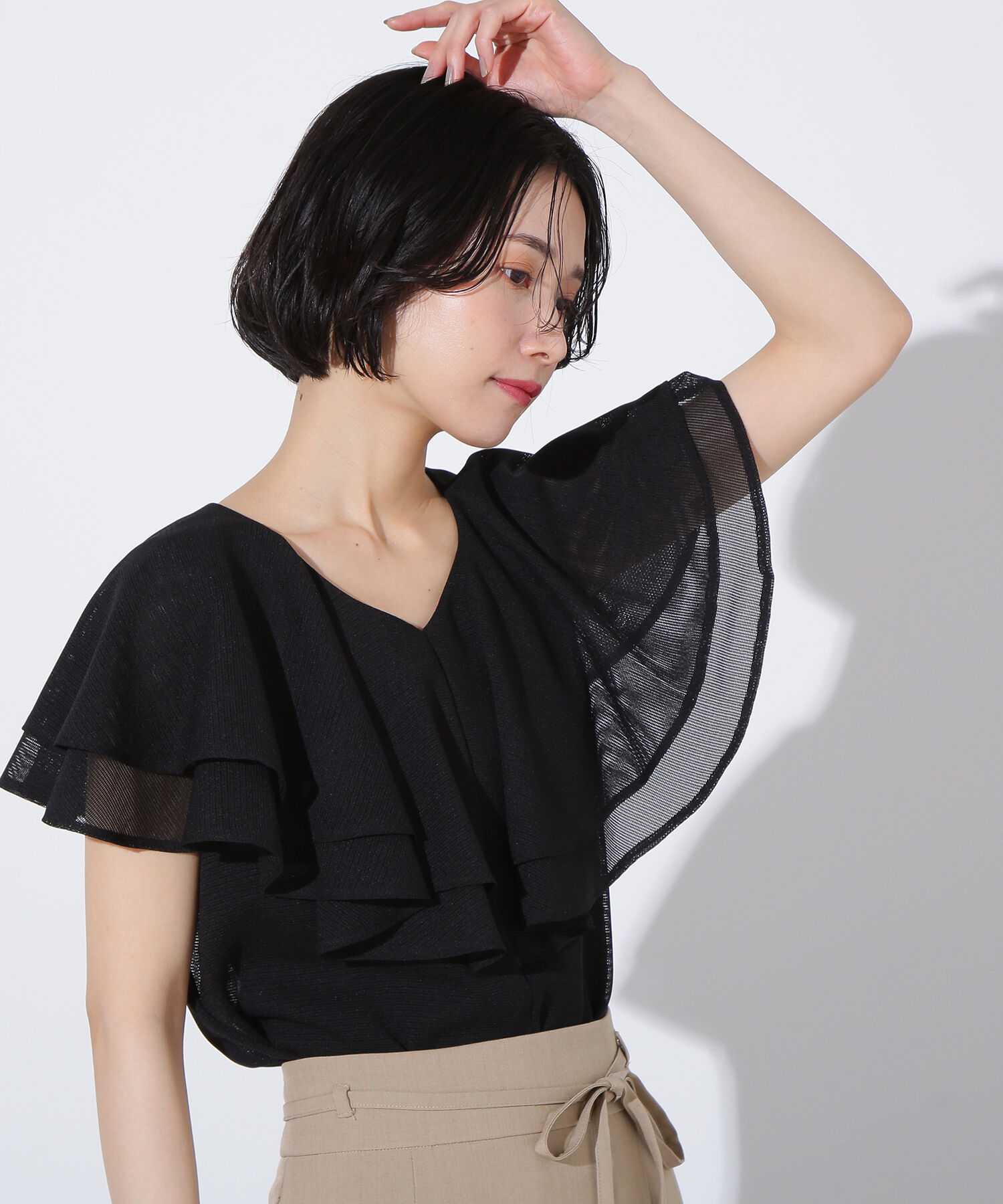  「メッシュフリルブラウス」|シャツ・ブラウス|ブラック