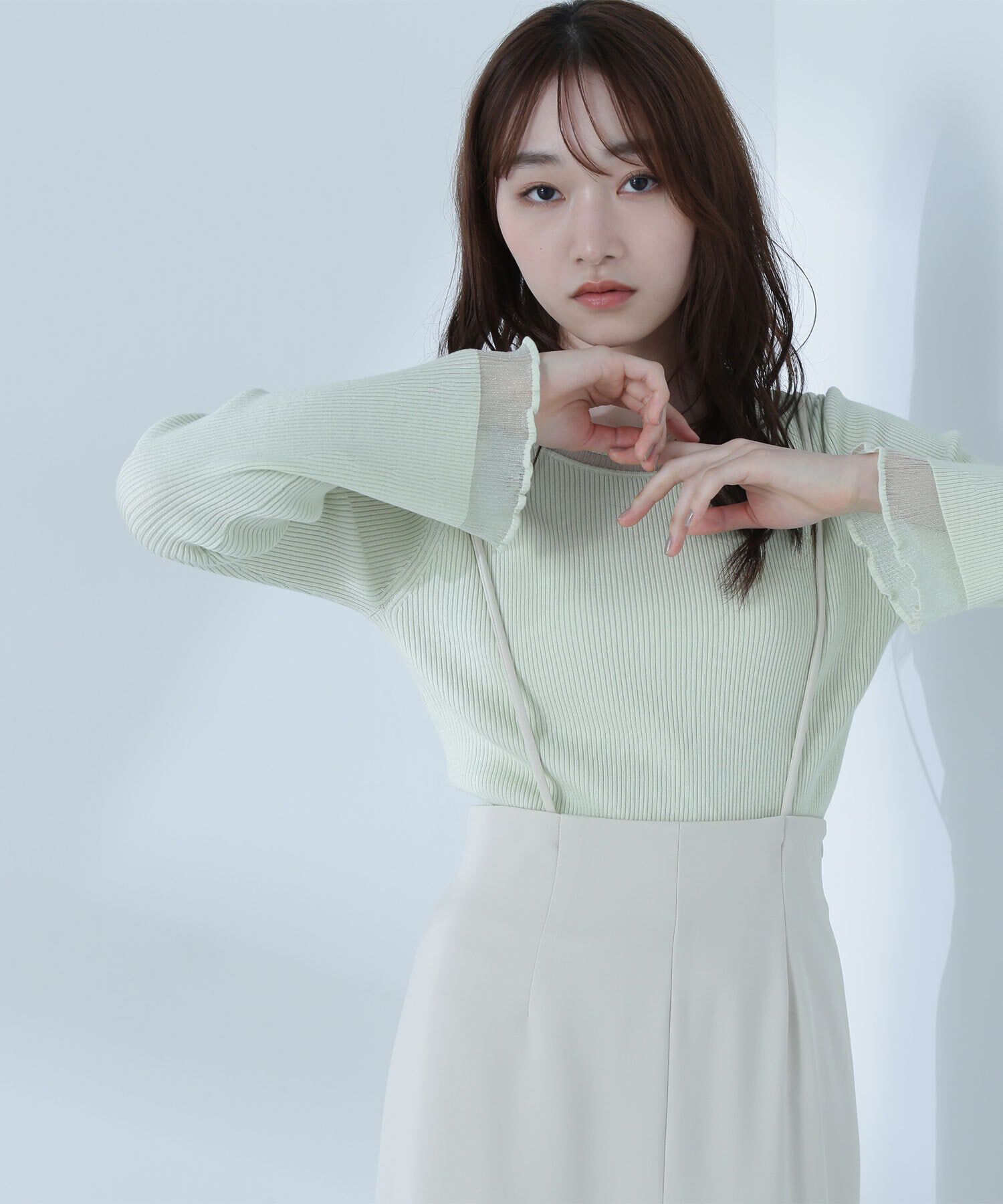  「ボートネックシアーカフスニット」|ニット・セーター|ライトグリー