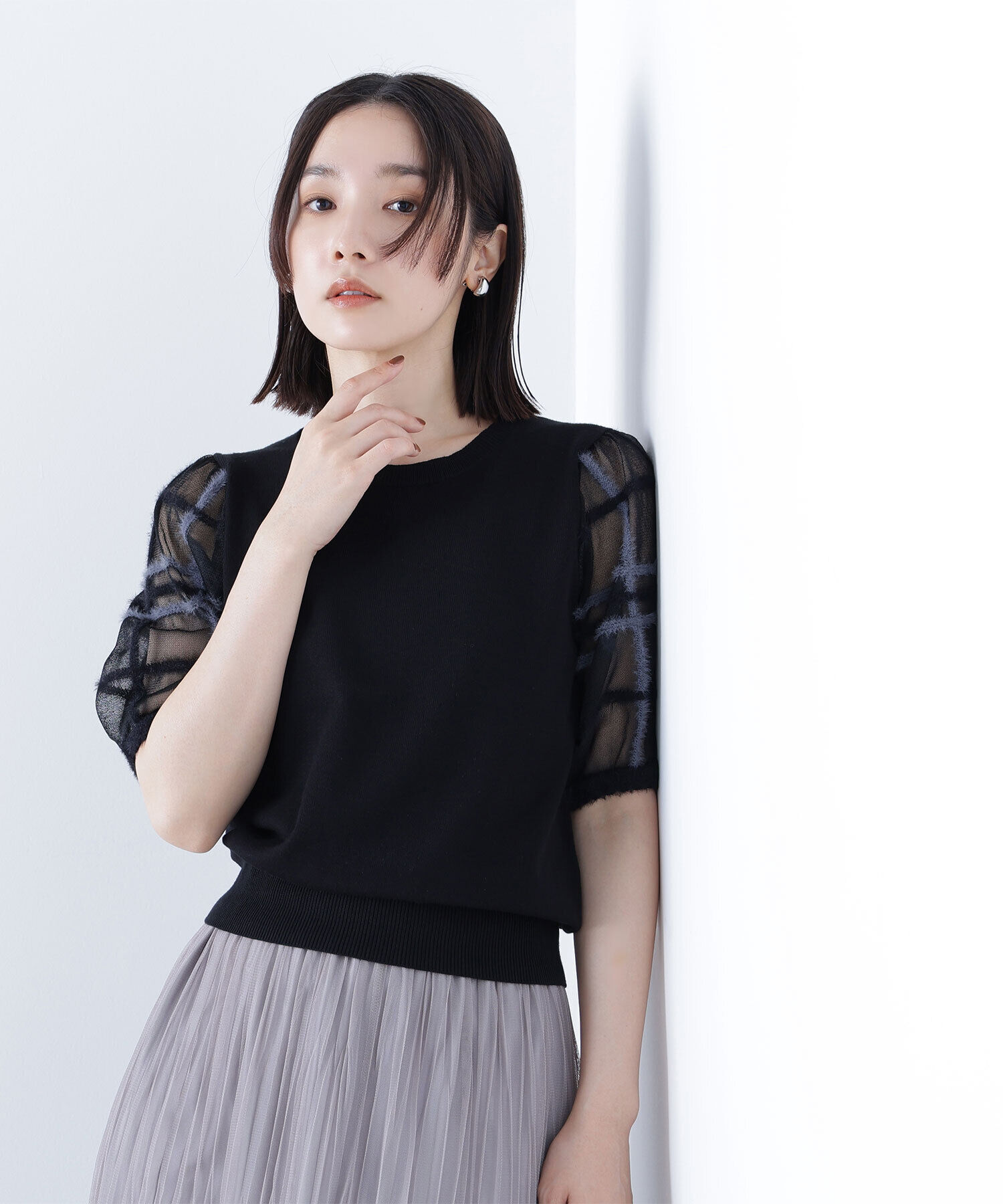  「シアーチェックスリーブニット」|ニット・セーター|クロ系2