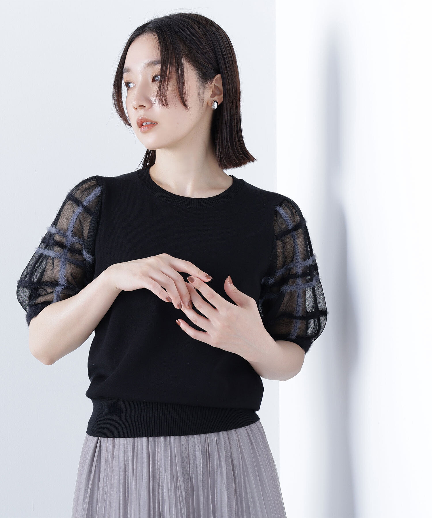  「シアーチェックスリーブニット」|ニット・セーター|