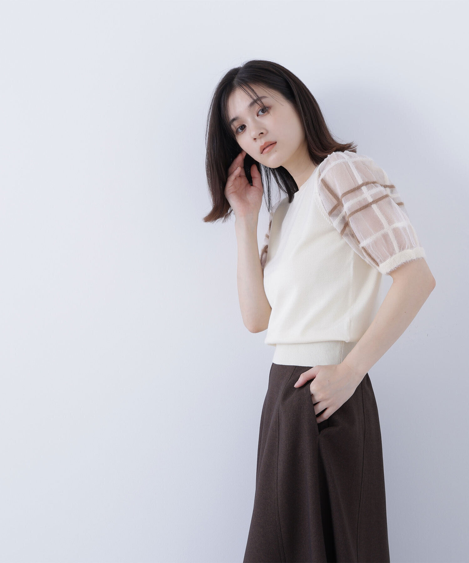  「シアーチェックスリーブニット」|ニット・セーター|