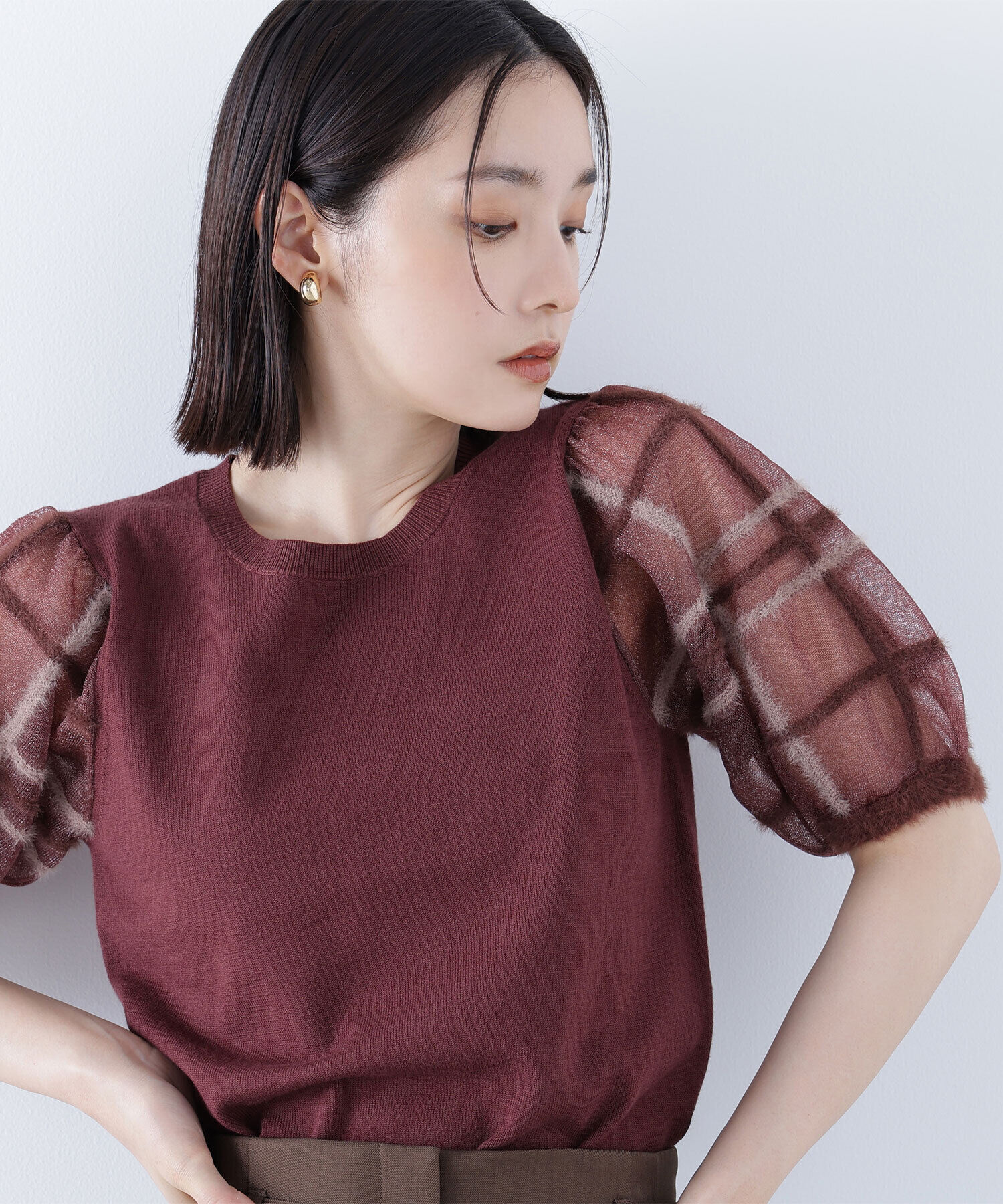  「シアーチェックスリーブニット」|ニット・セーター|バーガンディ 2