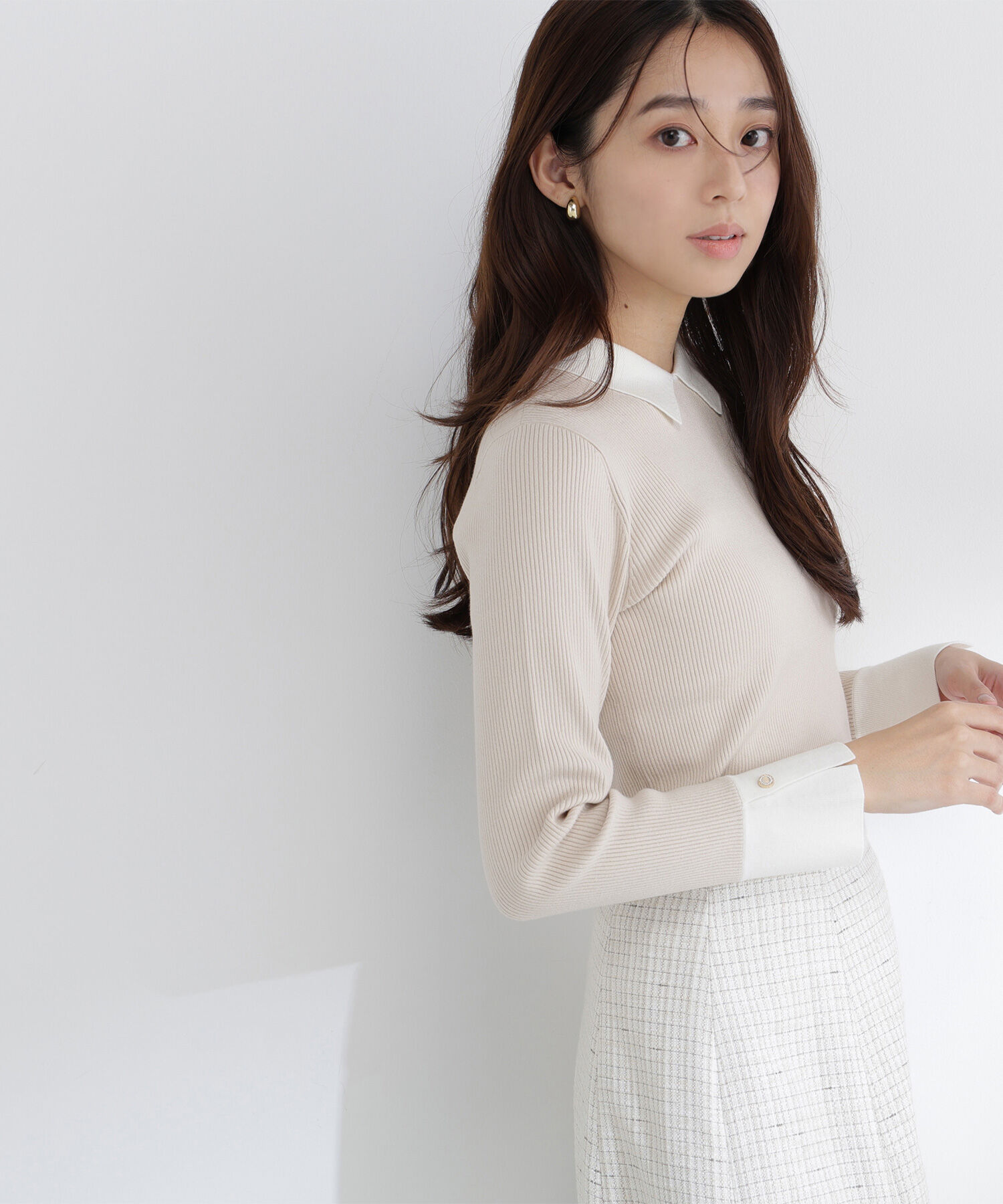  「襟付リブベーシックニット」|ニット・セーター|ベージュ2