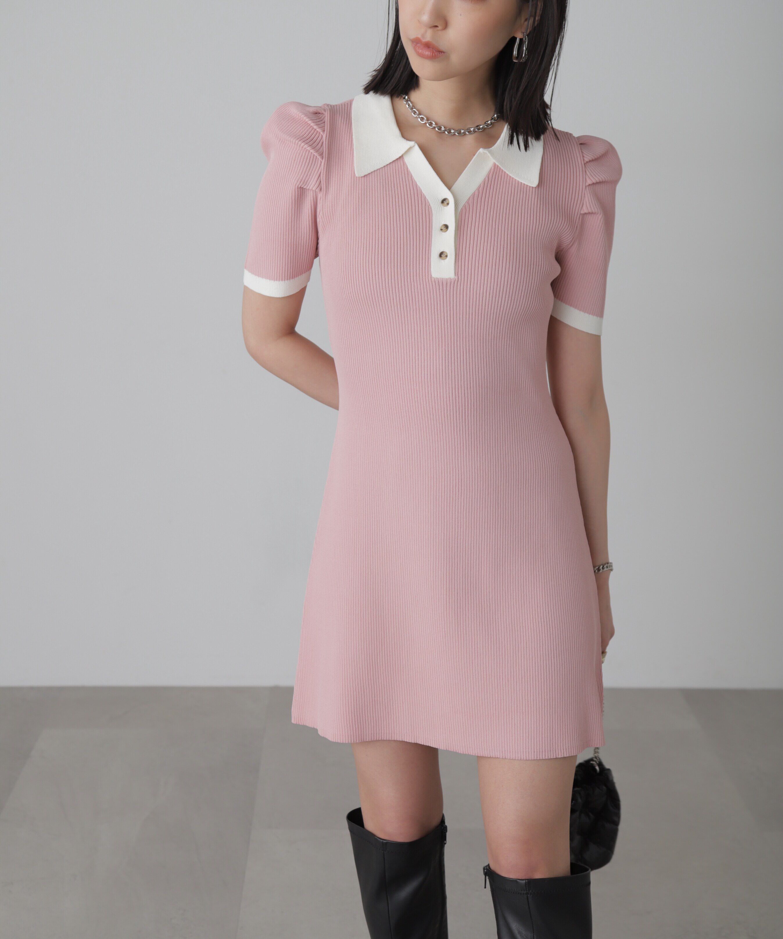  「配色半袖ポロワンピース」|ワンピース|