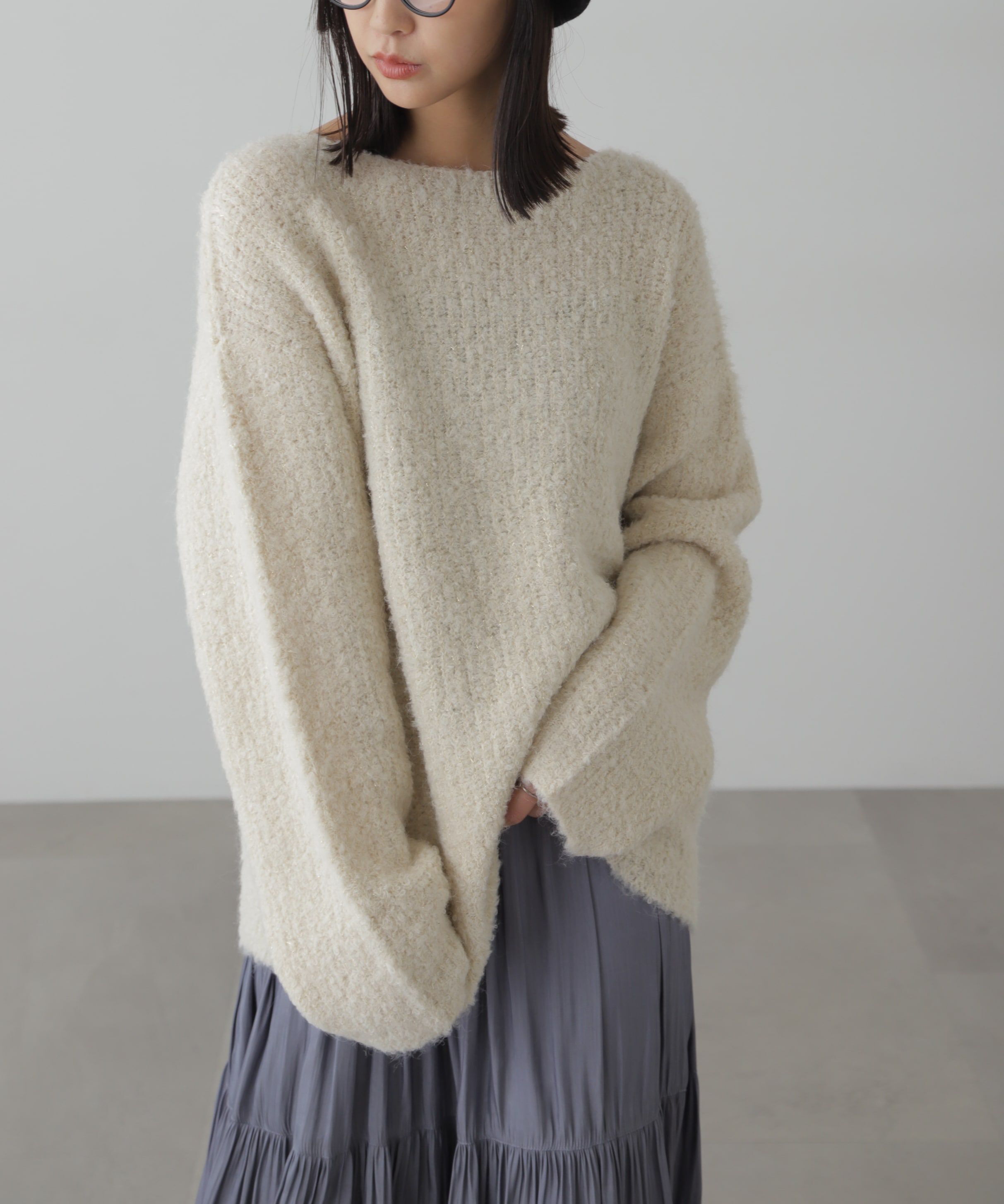  「ラメミックスブークレー畦ニット」|ニット・セーター|オフホワイト