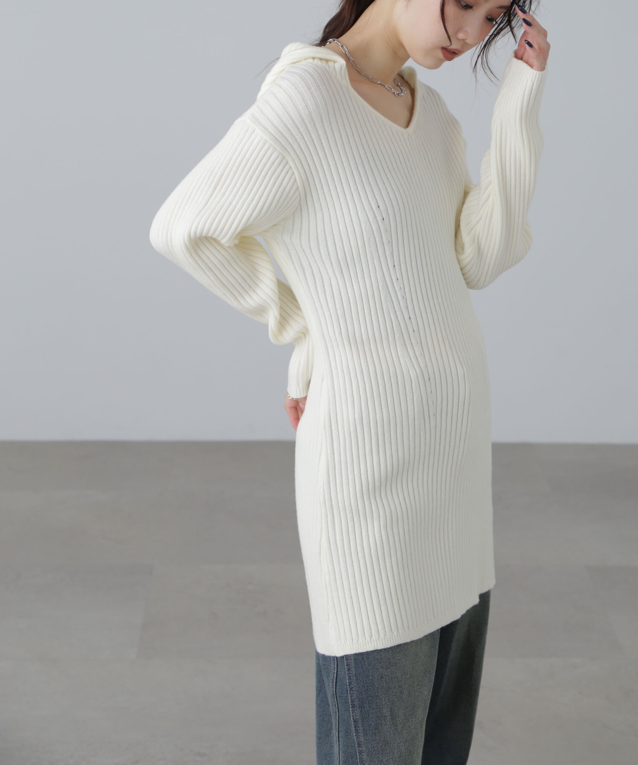  「フード付きニットミニワンピース」|ワンピース|オフホワイト