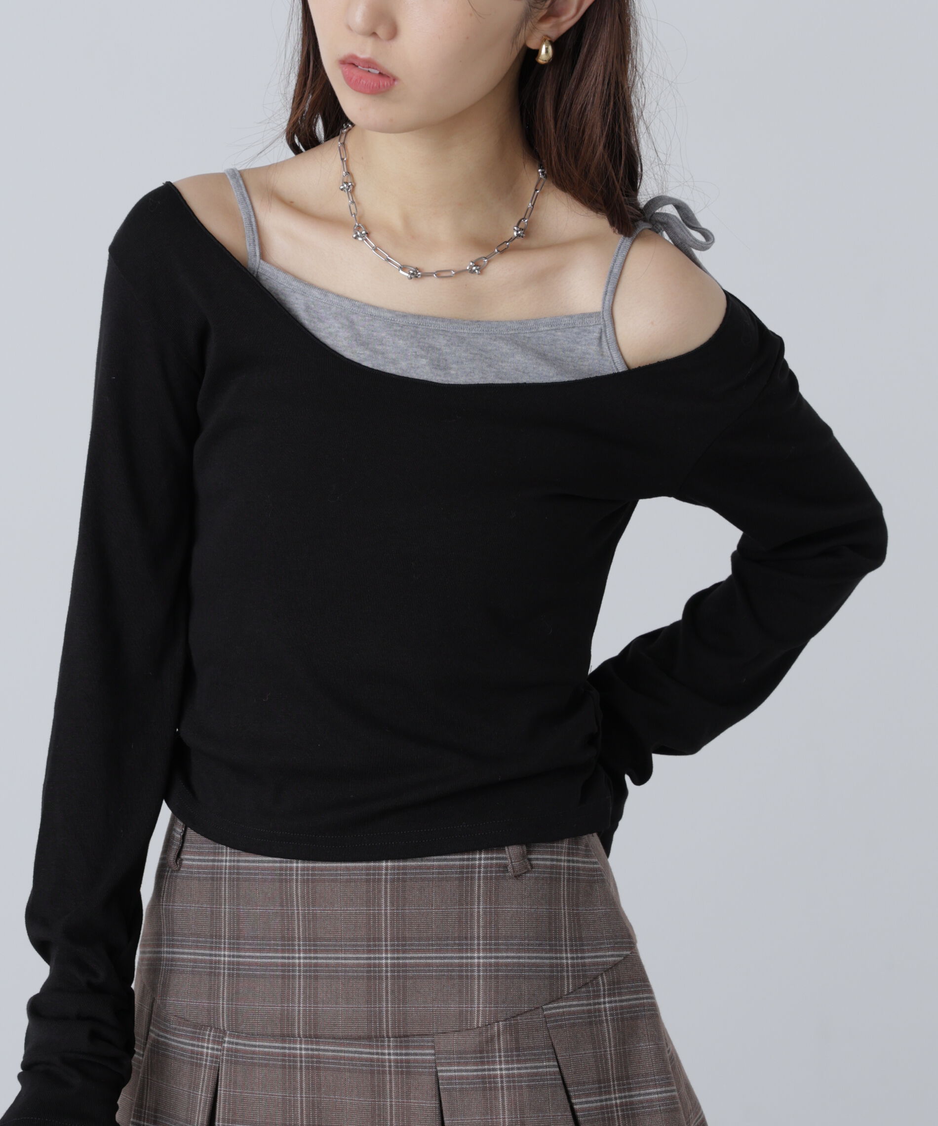  「ワンショルキャミレイヤード風カットソー」|Tシャツ・カットソー|