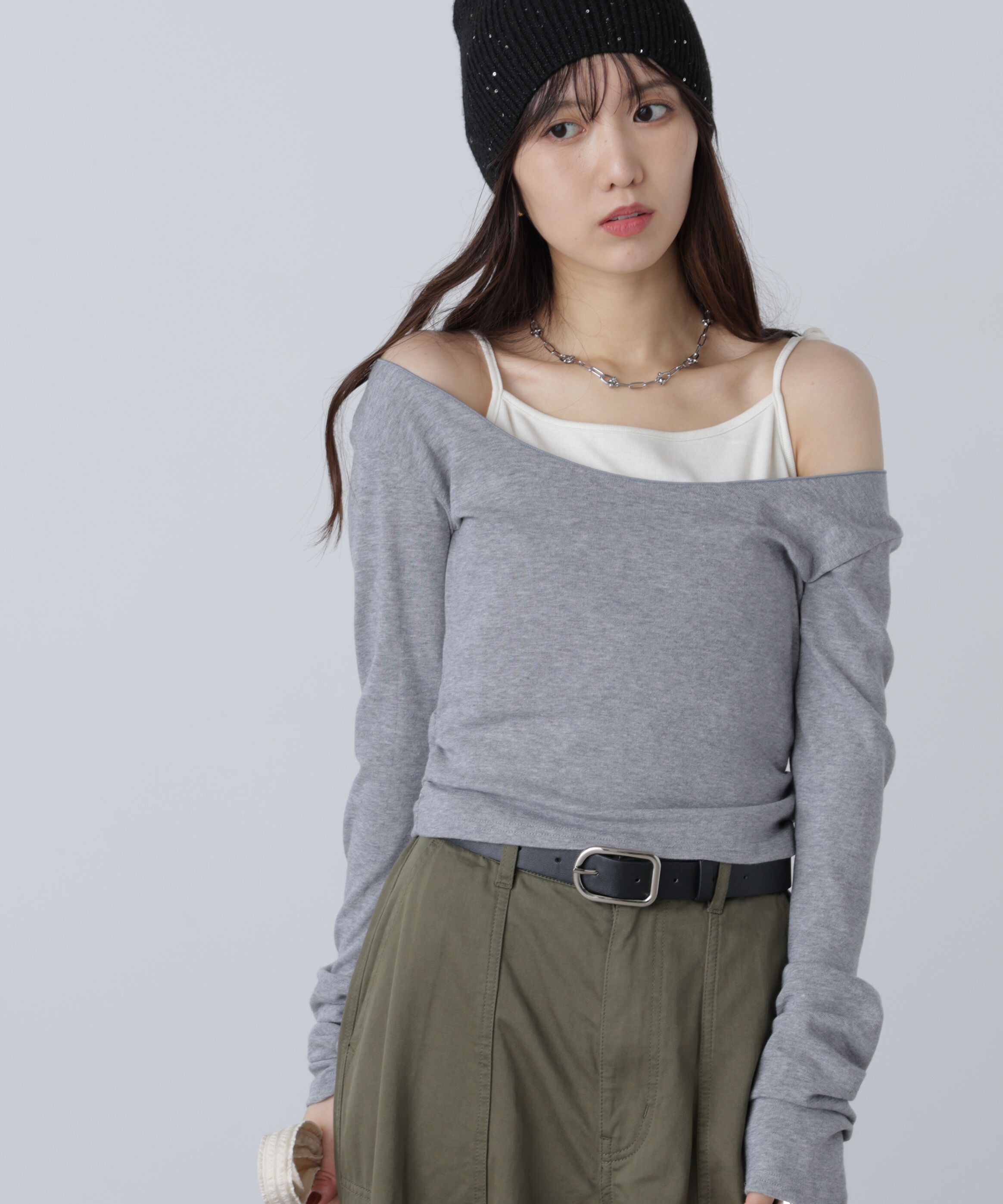  「ワンショルキャミレイヤード風カットソー」|Tシャツ・カットソー|