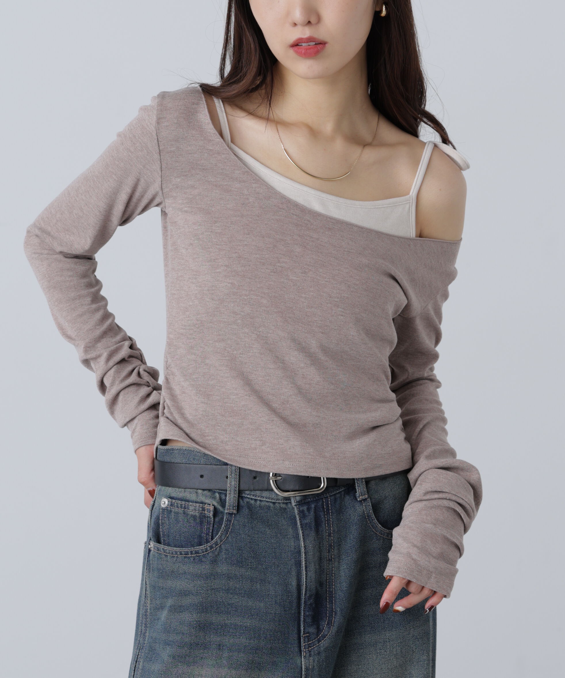  「ワンショルキャミレイヤード風カットソー」|Tシャツ・カットソー|
