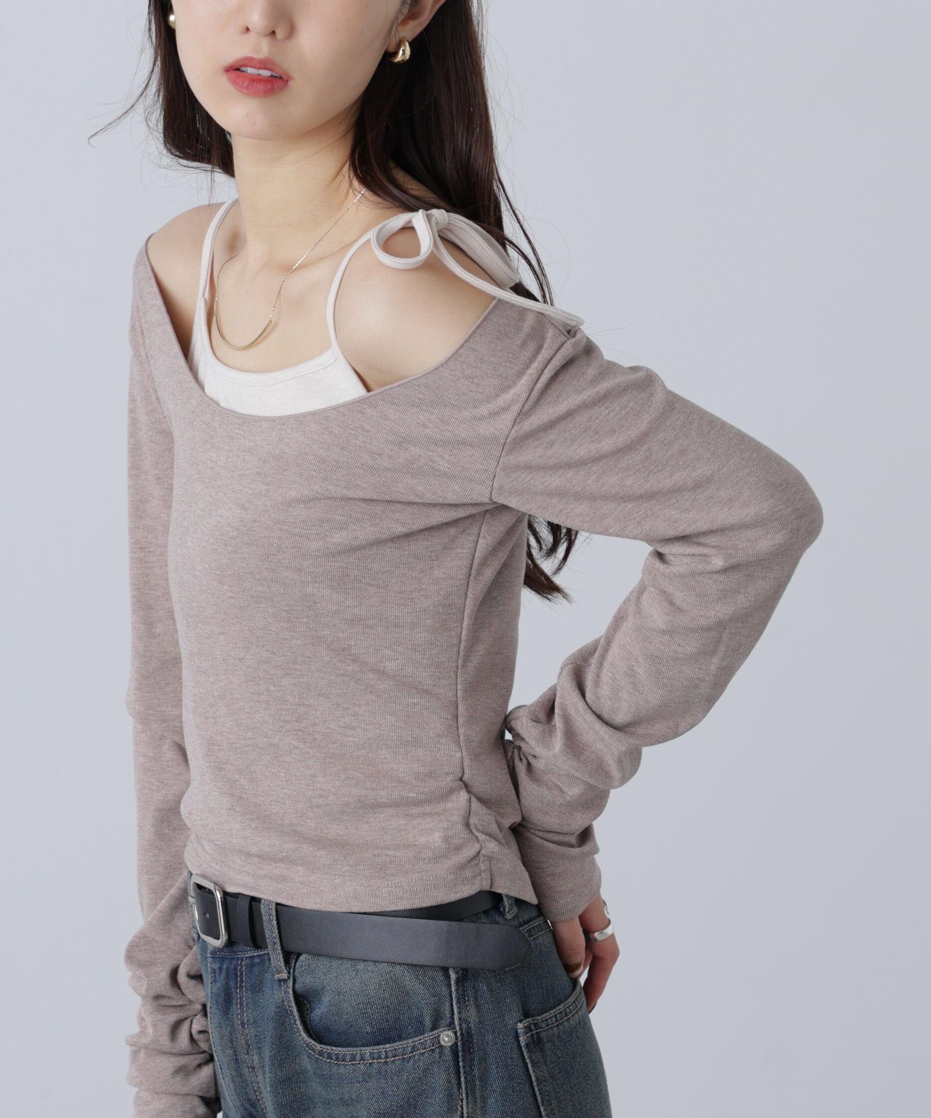  「ワンショルキャミレイヤード風カットソー」|Tシャツ・カットソー|