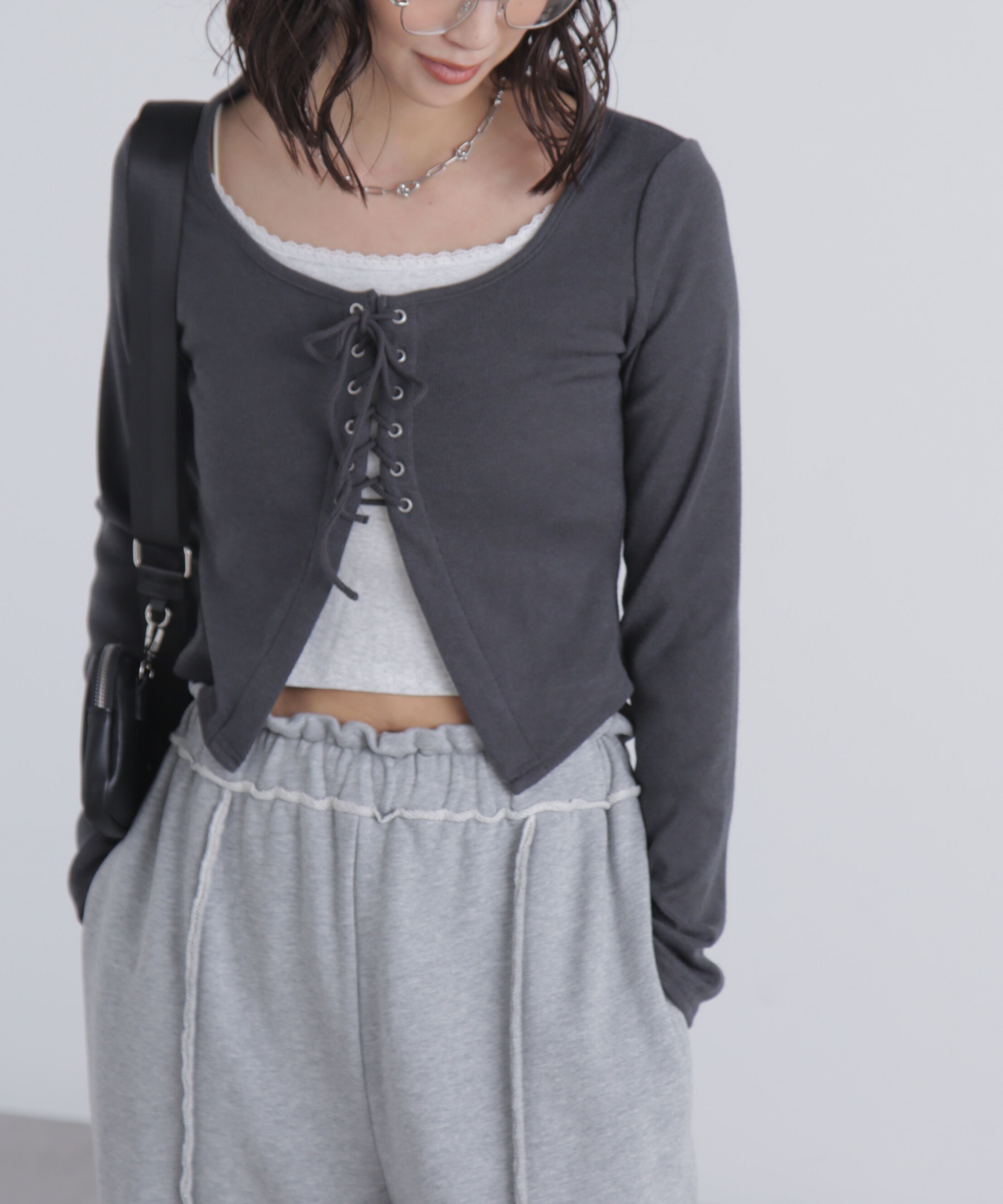  「レースアップレイヤード長袖カットソー」|Tシャツ・カットソー|