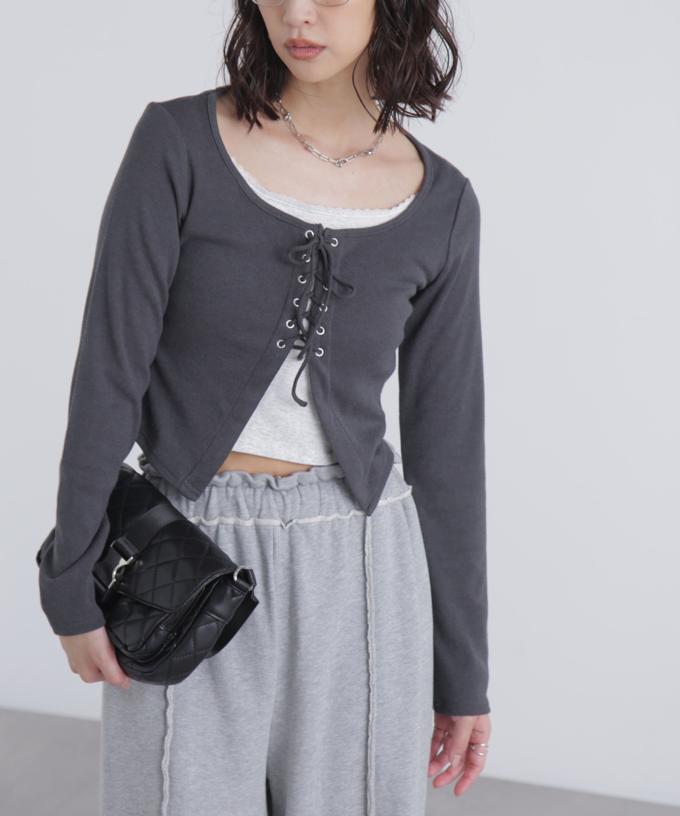  「レースアップレイヤード長袖カットソー」|Tシャツ・カットソー|