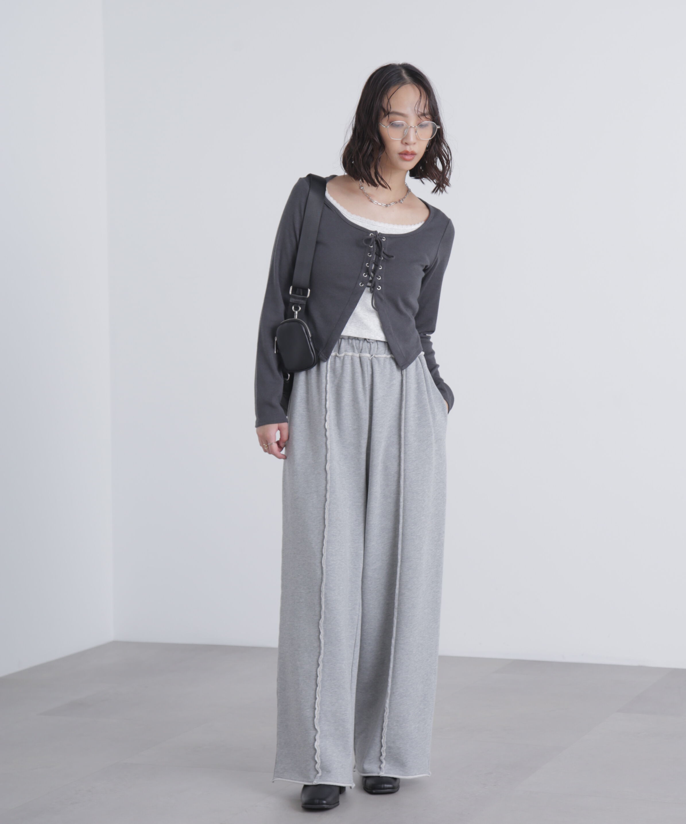  「レースアップレイヤード長袖カットソー」|Tシャツ・カットソー|