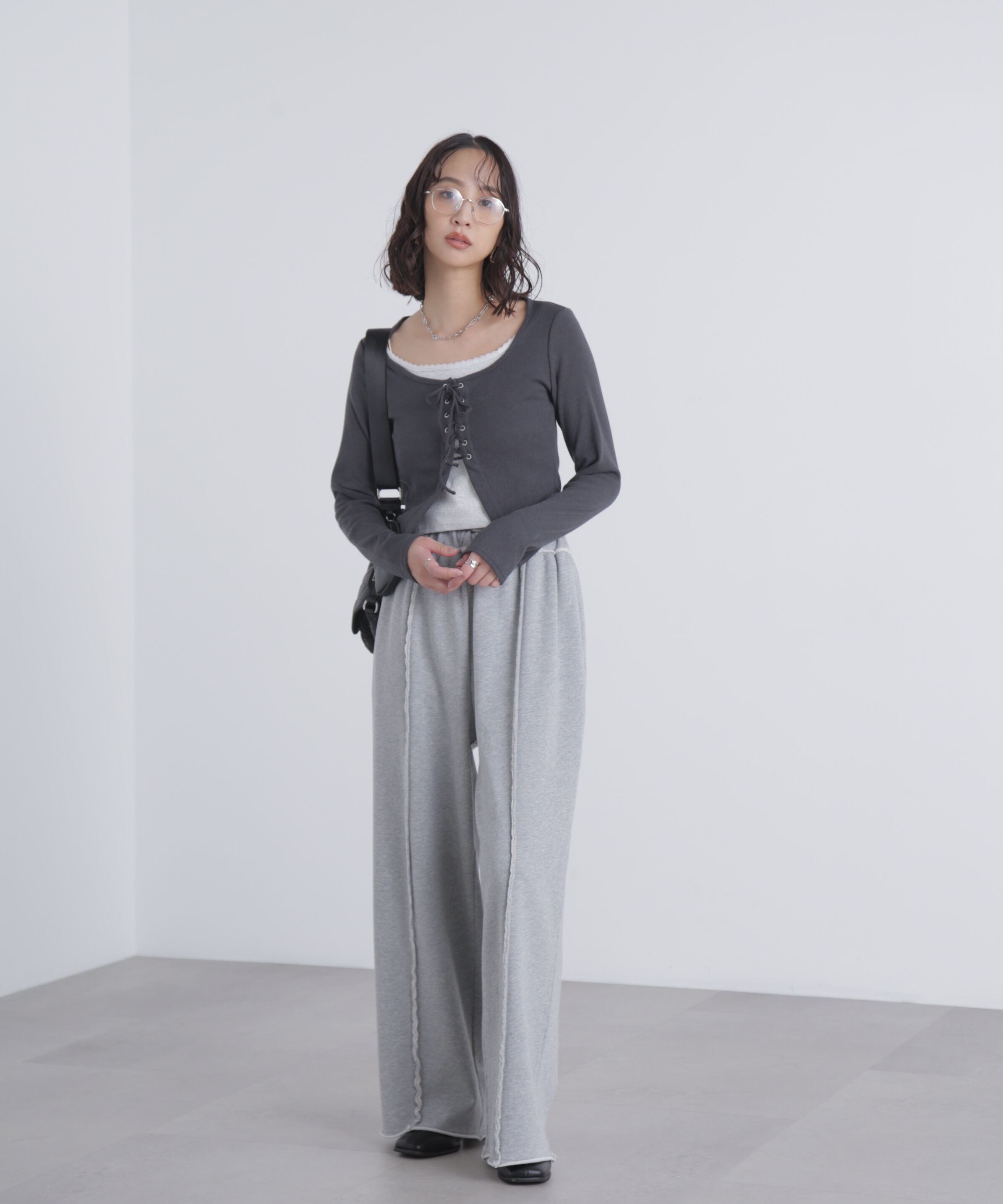  「レースアップレイヤード長袖カットソー」|Tシャツ・カットソー|