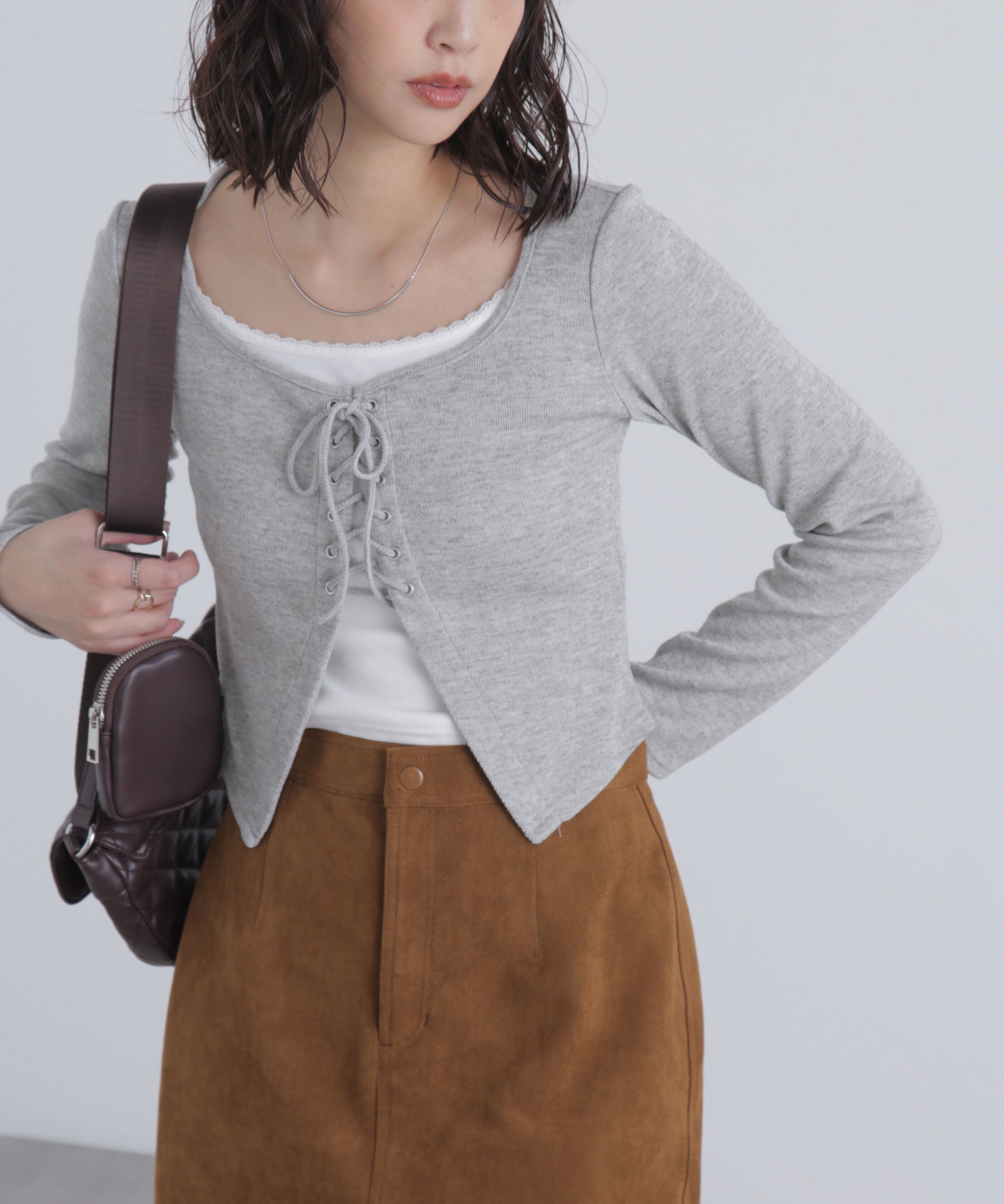  「レースアップレイヤード長袖カットソー」|Tシャツ・カットソー|