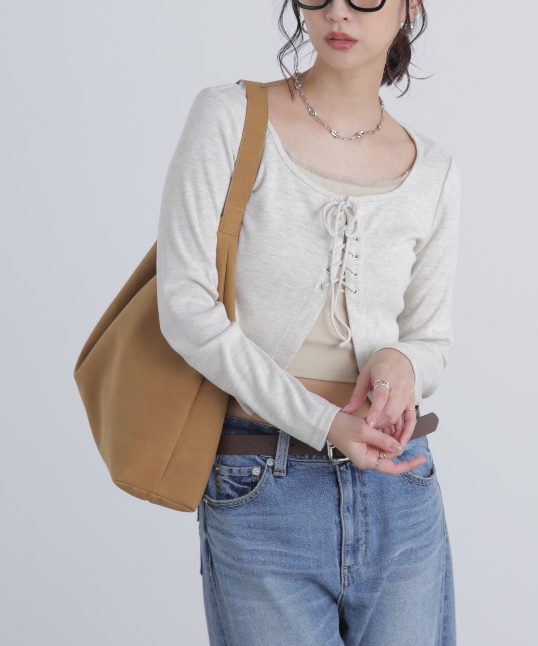  「レースアップレイヤード長袖カットソー」|Tシャツ・カットソー|