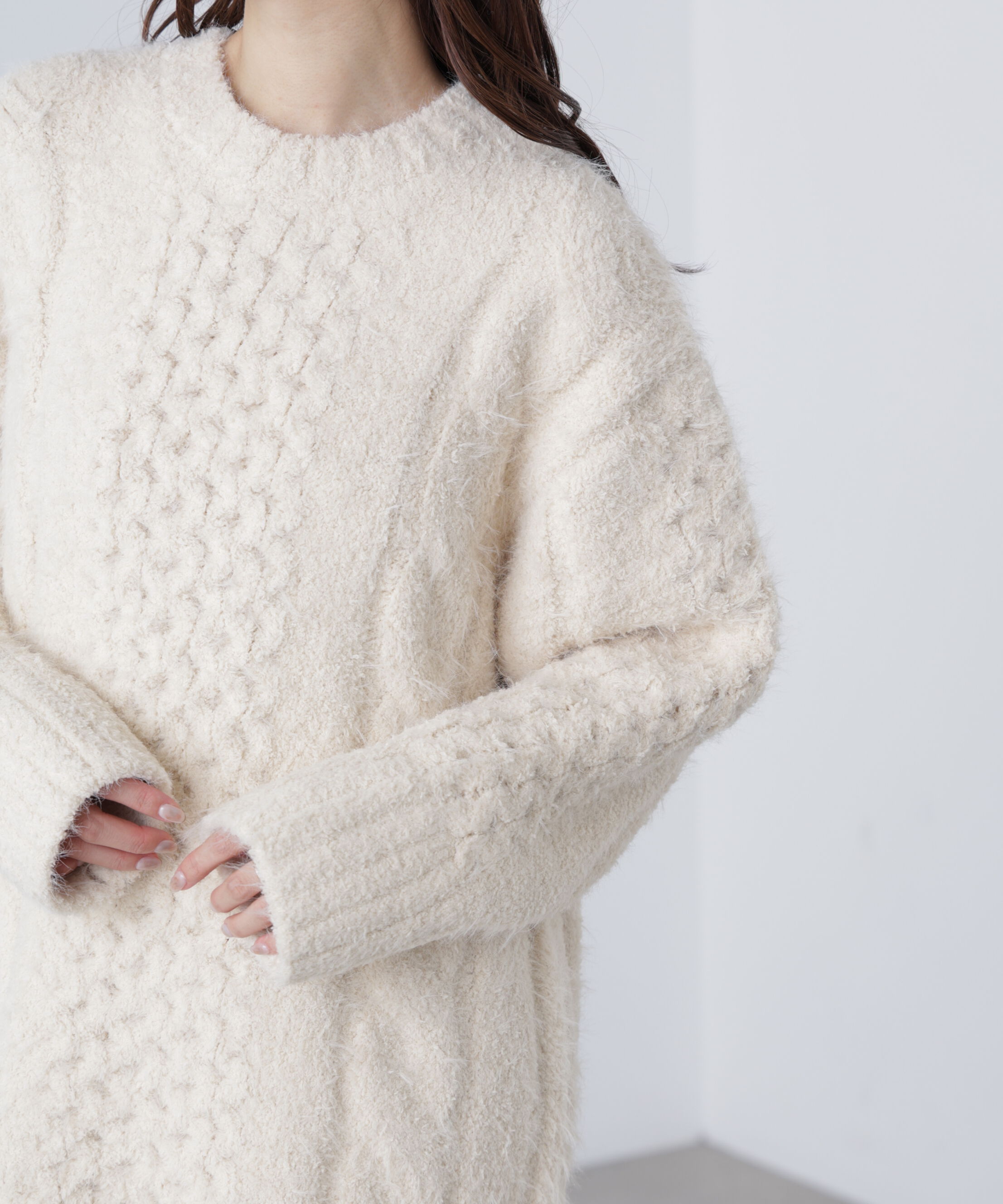  「テディヤーンケーブル編みミニワンピース」|ワンピース|