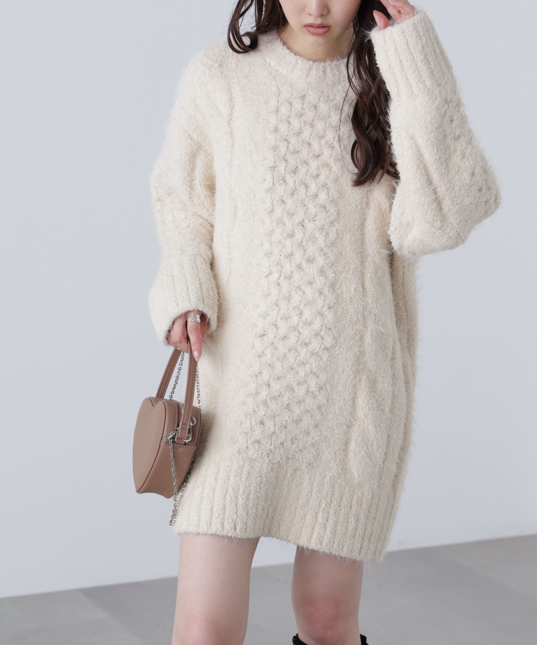  「テディヤーンケーブル編みミニワンピース」|ワンピース|