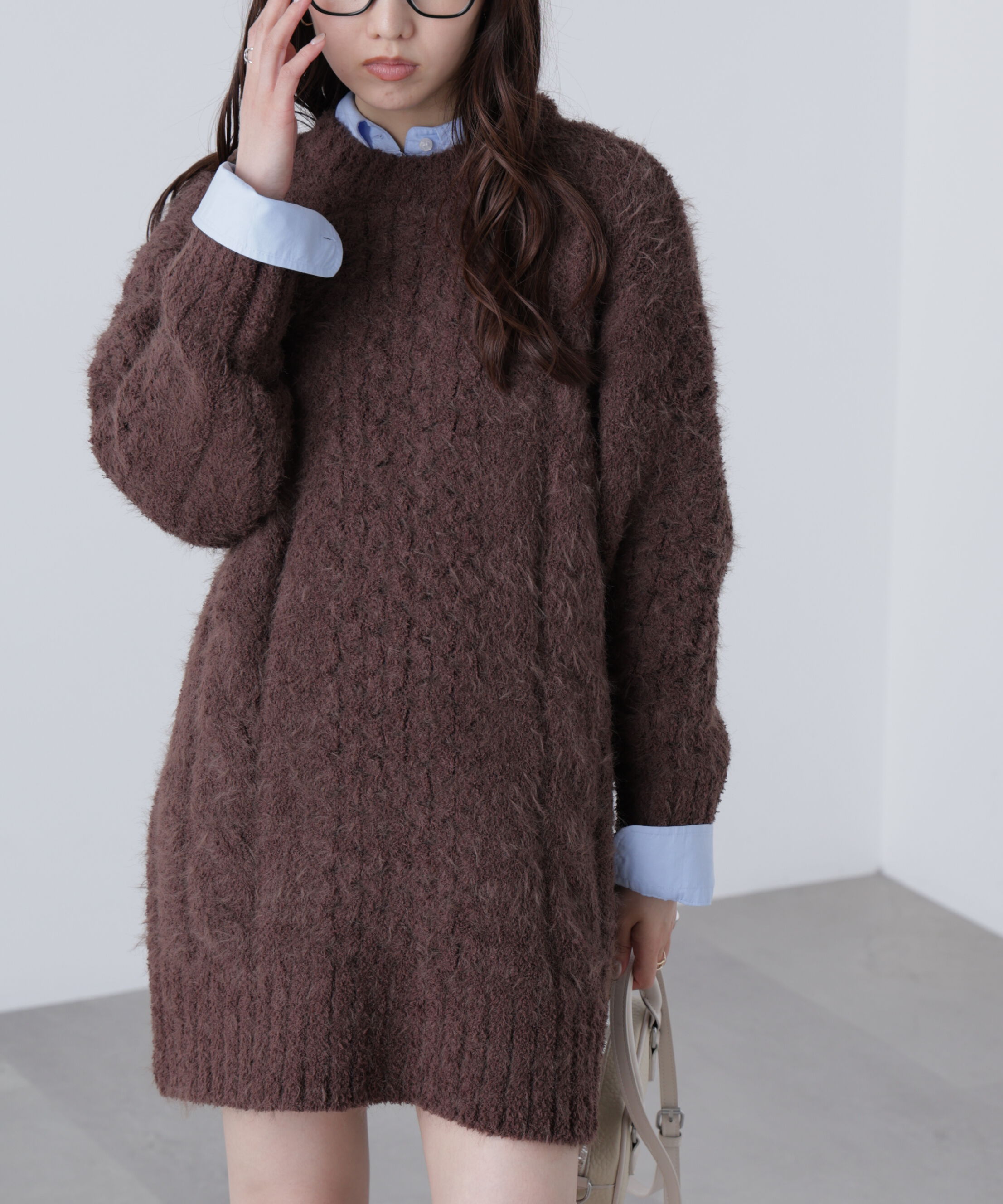  「テディヤーンケーブル編みミニワンピース」|ワンピース|ブラウン