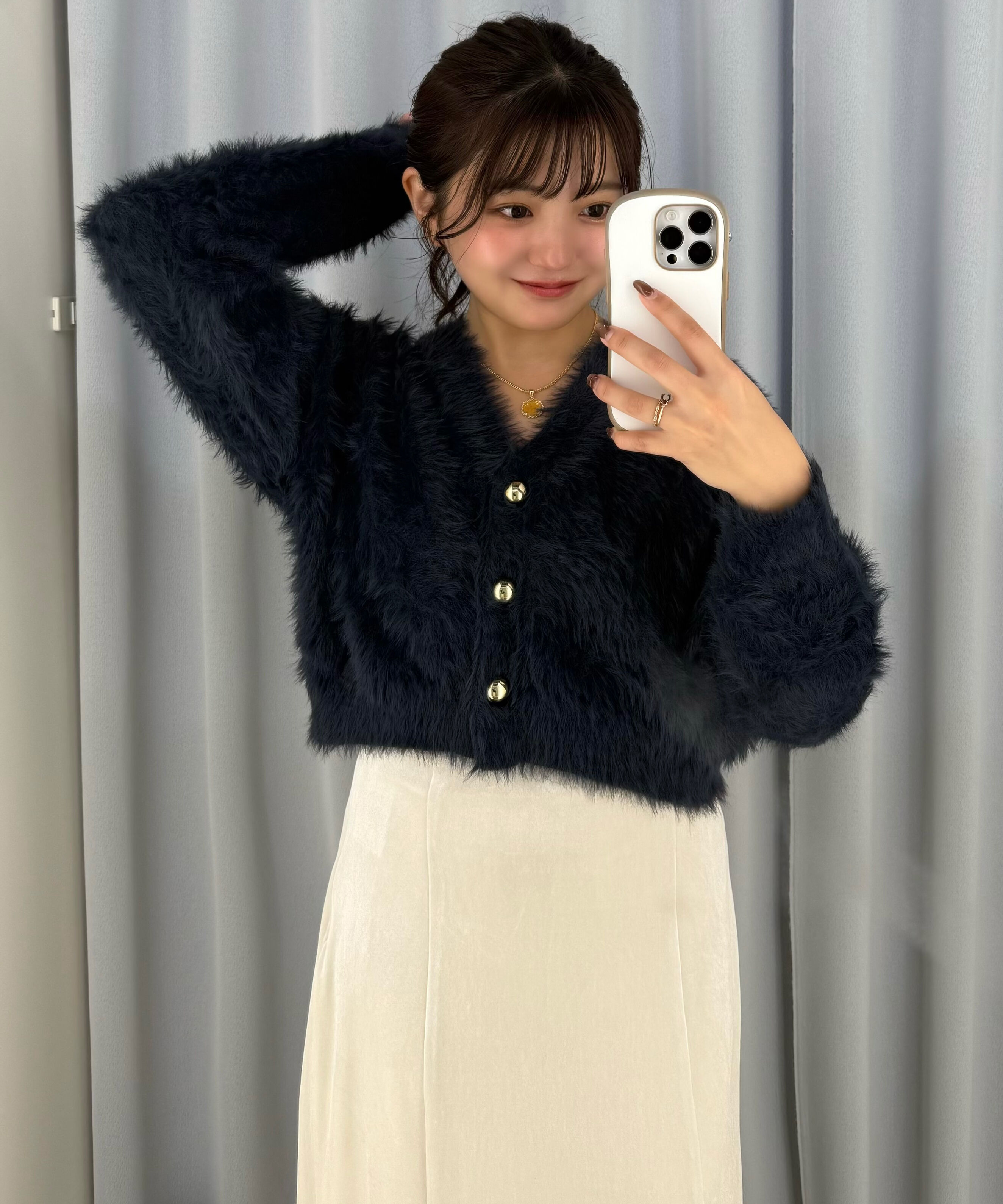  「金ボタンロングシャギーニットカーディガン〈ＭＦＭ〉」|ニット・セーター|ネイビー