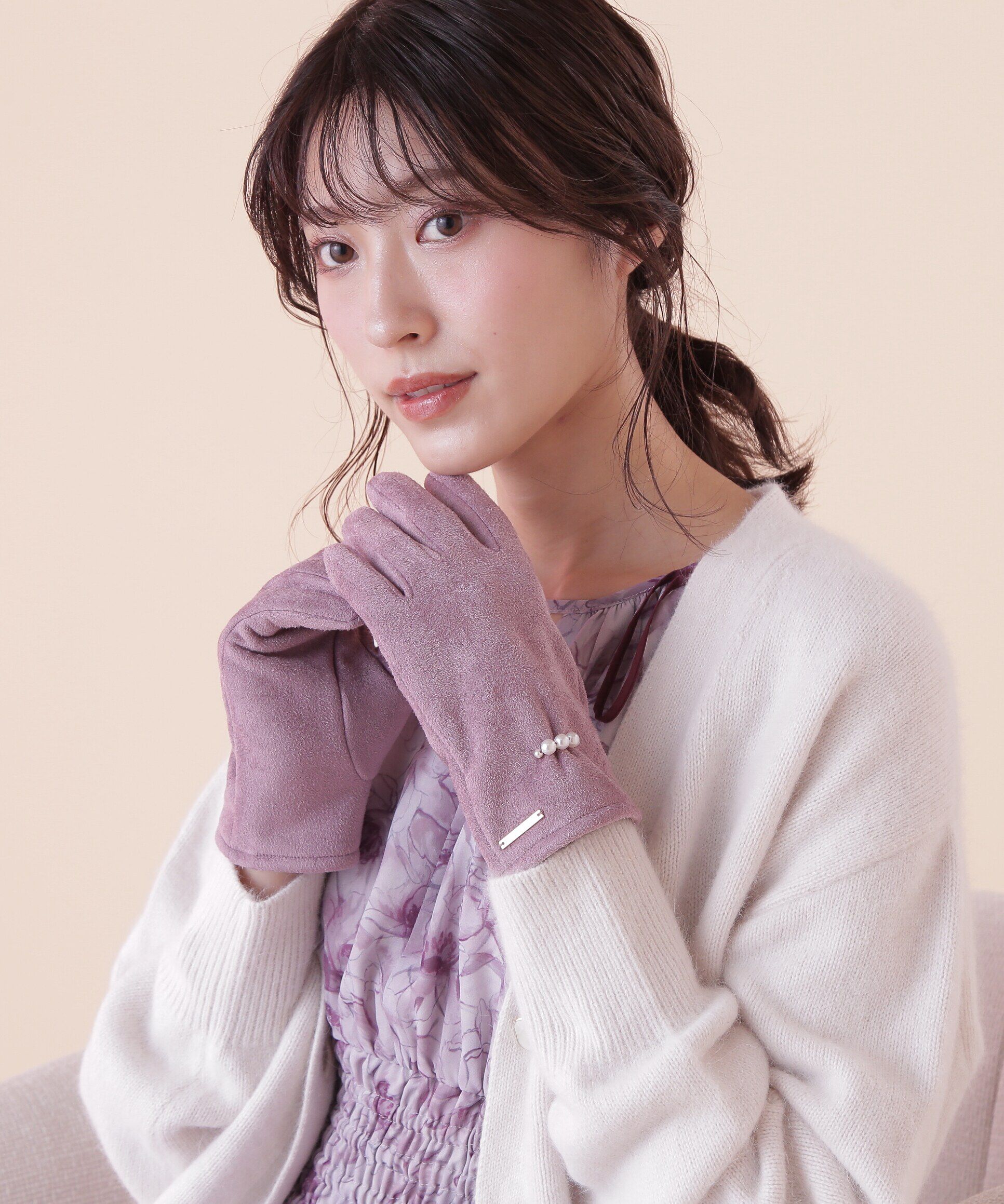  「◆フェイクスエードパールグローブ」|手袋|ピンク