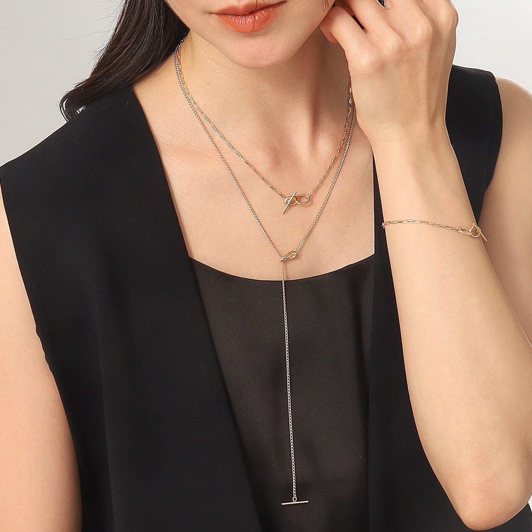 COCOSHNIK「K10ロングハーフラウンドダブルマンテル ネックレス」|ネックレス|