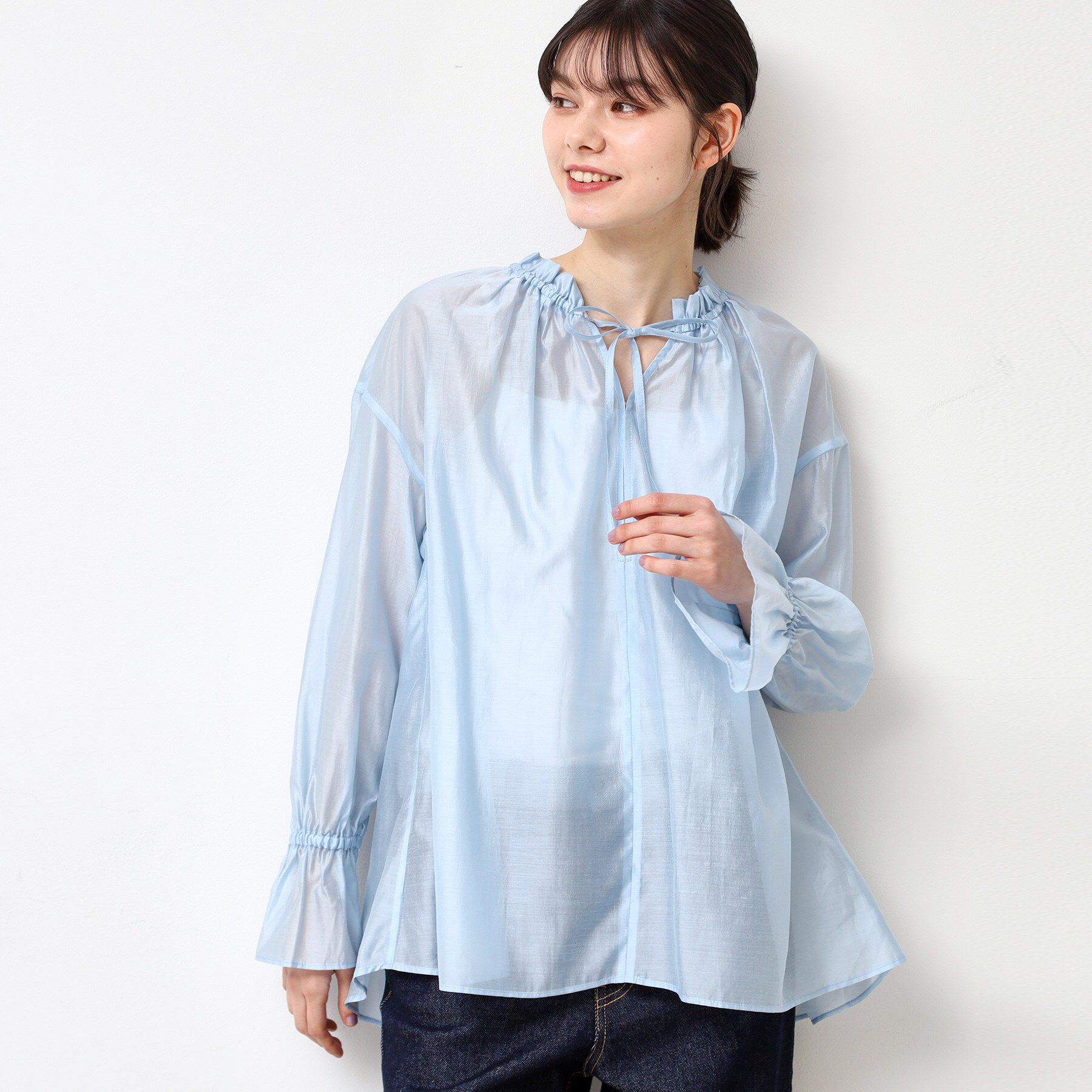 Dessin「【洗える】フリルリボンブラウス」|シャツ・ブラウス|サックスブルー(09