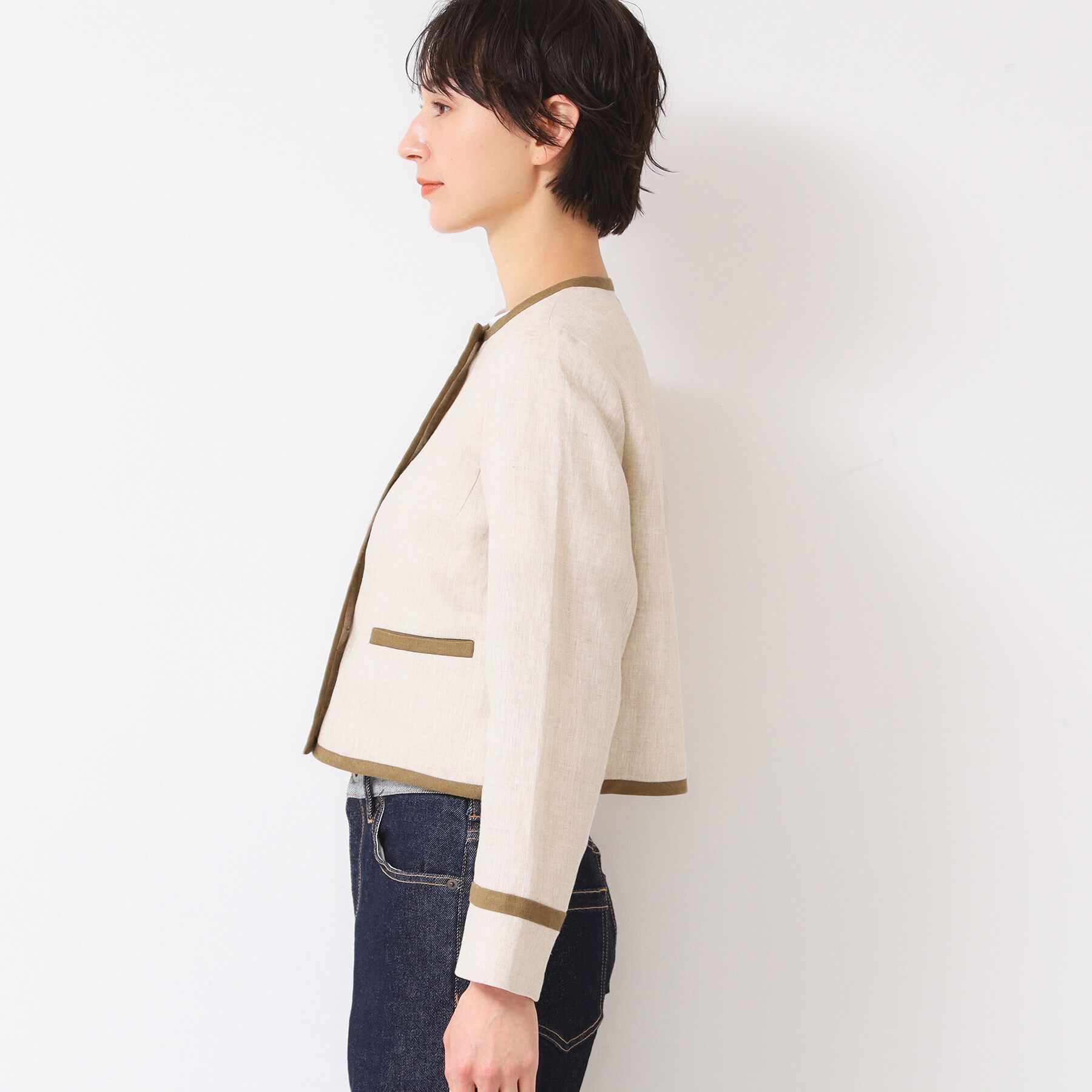 Dessin「【セットアップ可能・洗える】配色クルーネック麻ジャケット」|ノーカラージャケット|