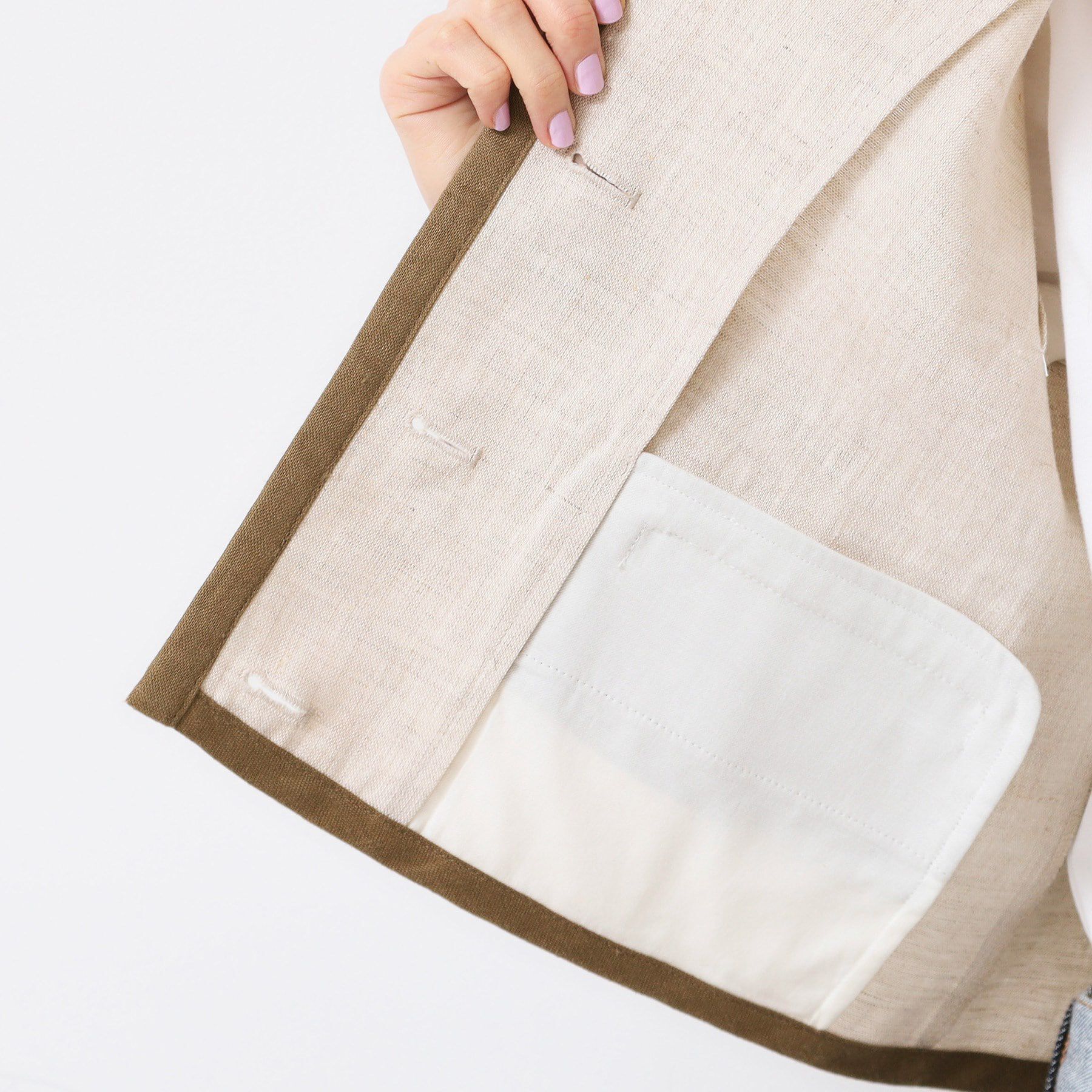 Dessin「【セットアップ可能・洗える】配色クルーネック麻ジャケット」|ノーカラージャケット|