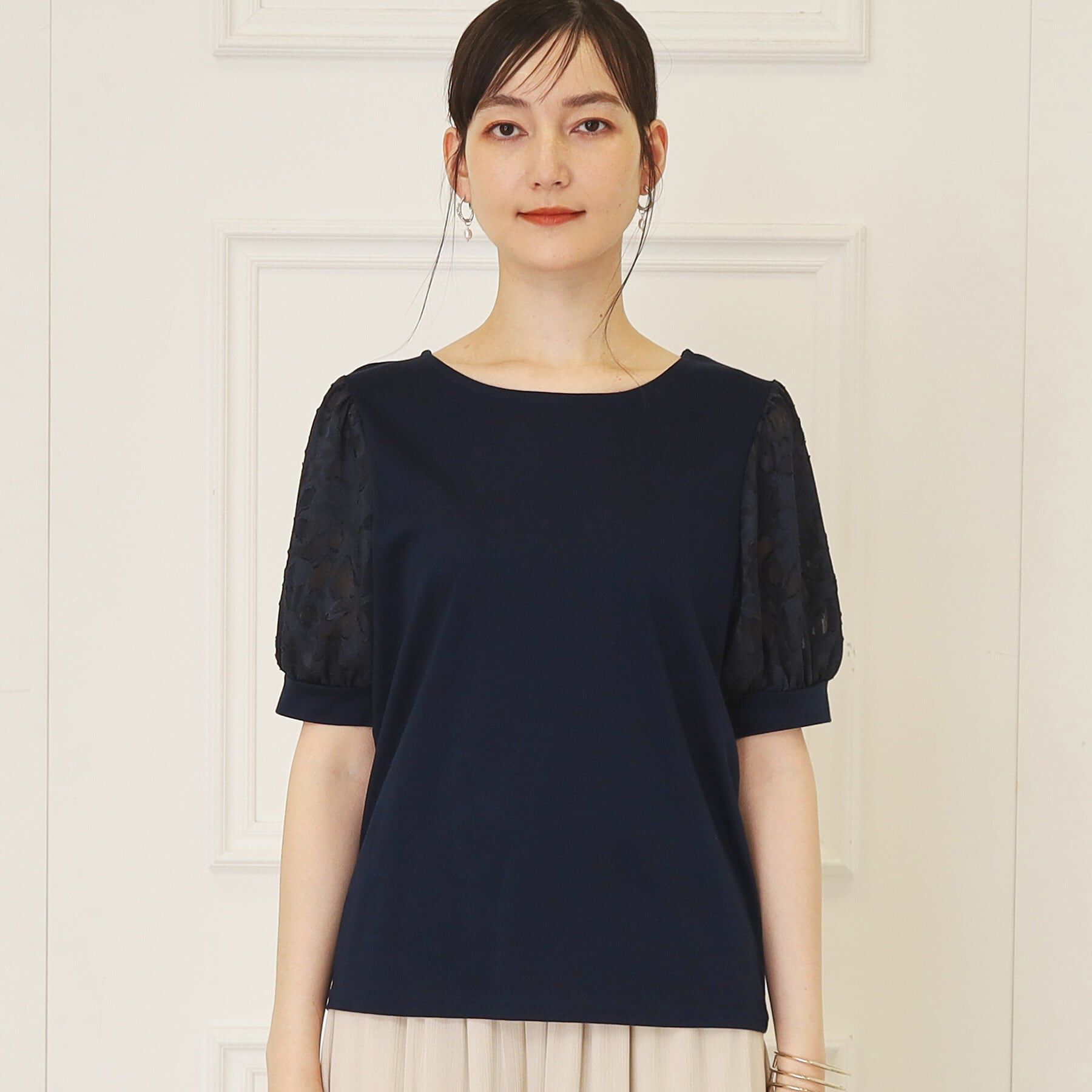 SunaUna「【接触冷感／袖ジャカード】レースドッキングプルオーバー」|Tシャツ・カットソー|