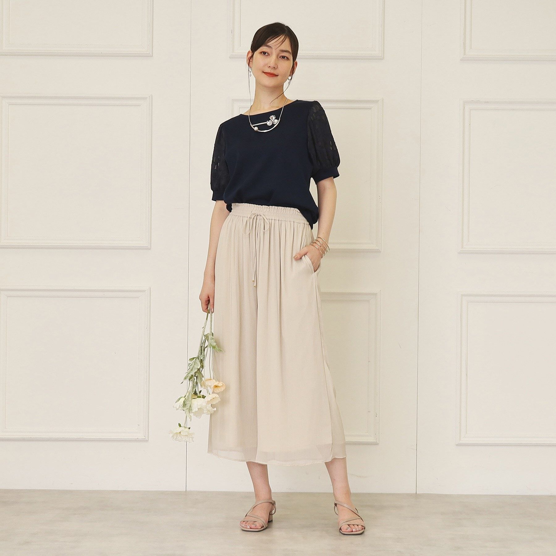 SunaUna「【接触冷感／袖ジャカード】レースドッキングプルオーバー」|Tシャツ・カットソー|