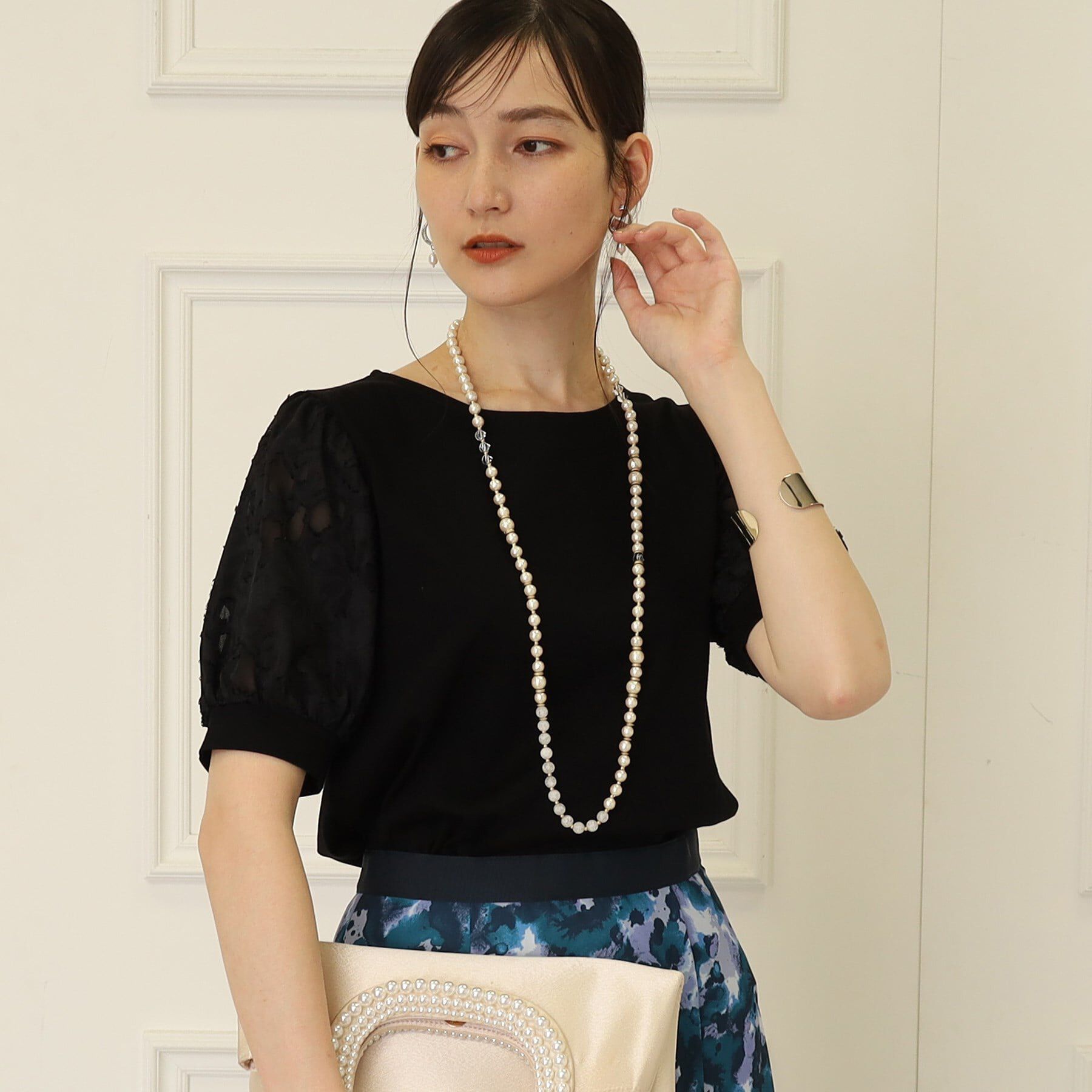 SunaUna「【接触冷感／袖ジャカード】レースドッキングプルオーバー」|Tシャツ・カットソー|