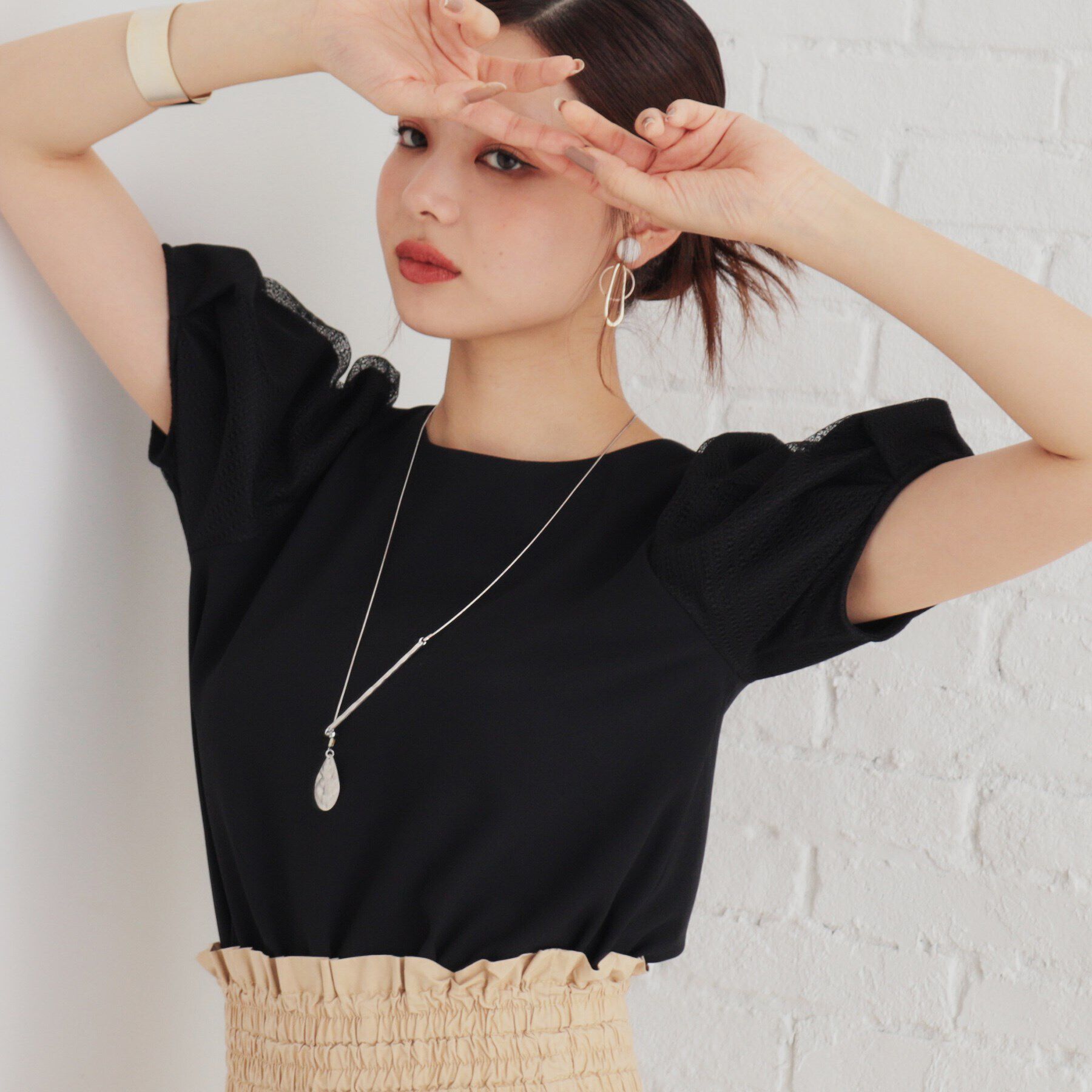 SunaUna「【袖チュール／セットアップ可】5分袖カットソー」|シャツ・ブラウス|ブラック(019)