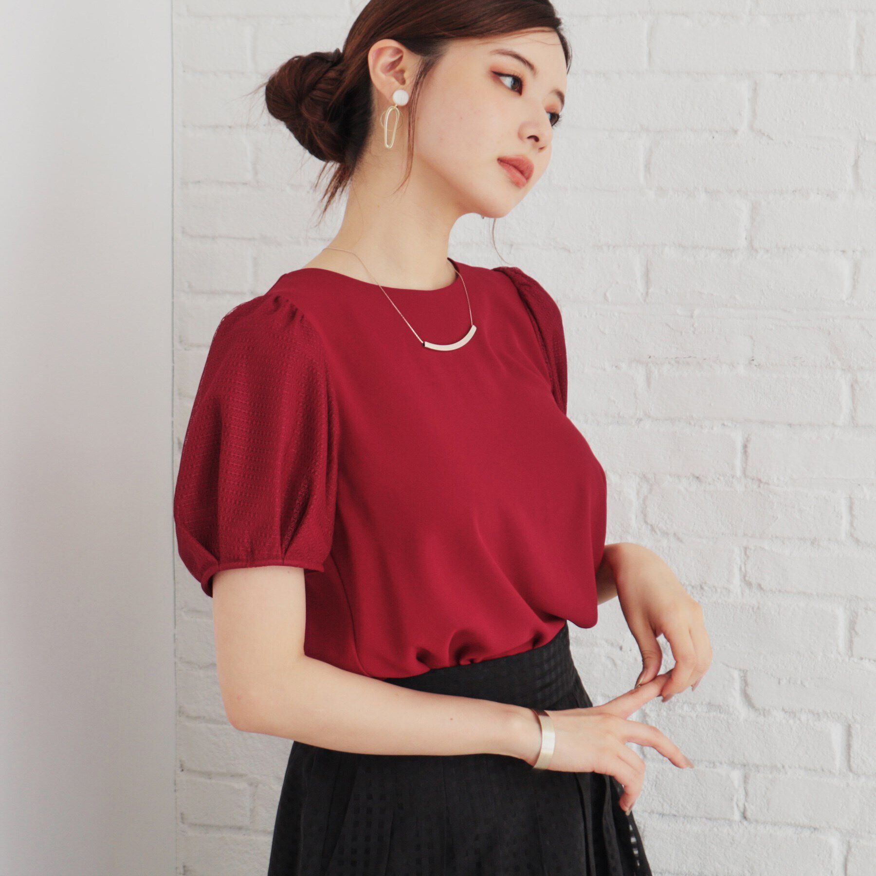 SunaUna「【袖チュール／セットアップ可】5分袖カットソー」|シャツ・ブラウス|ボルドー(064)