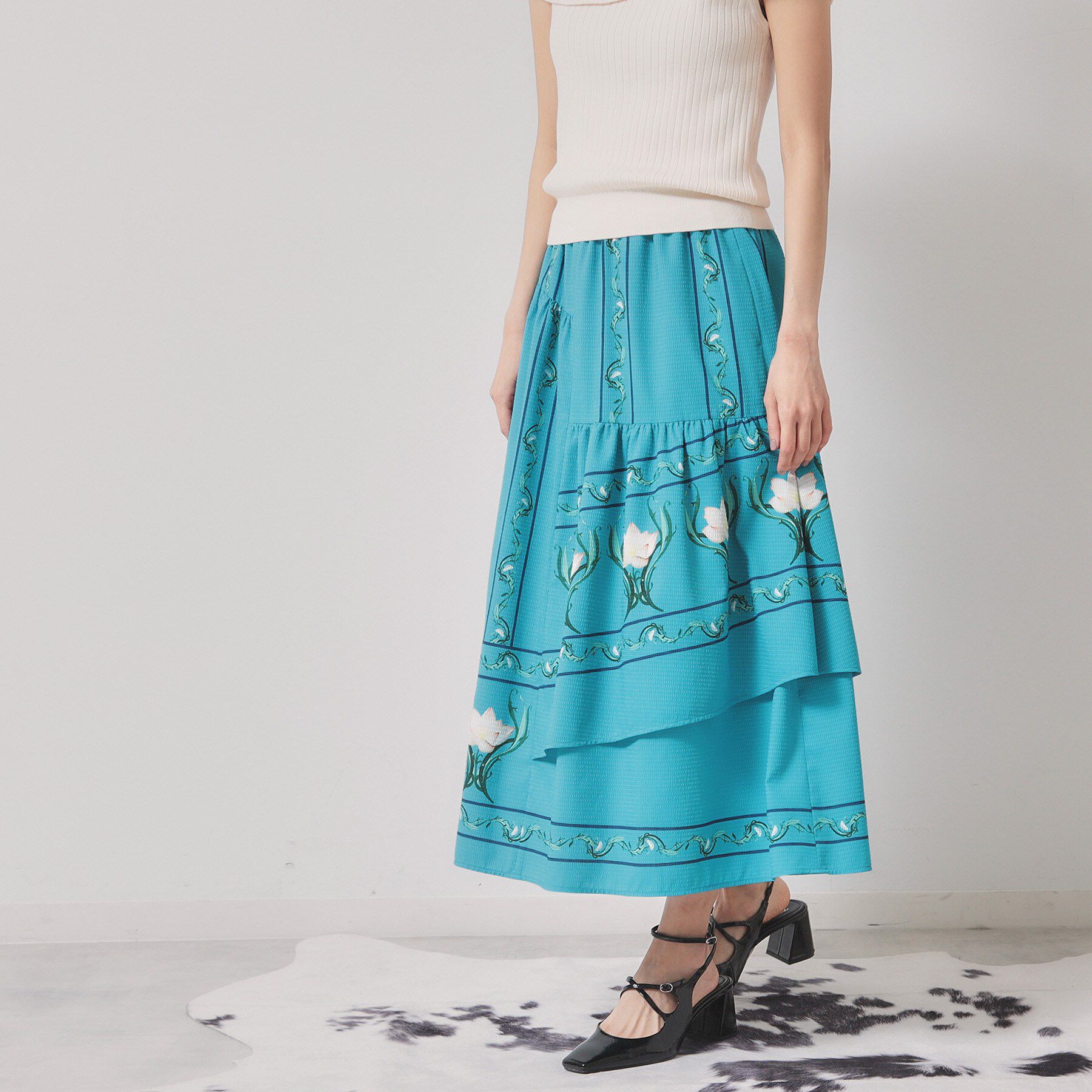 SunaUna「【ティアード／ウエストゴム】オリエンタルパネルスカート」|スカート|ブルー(192)