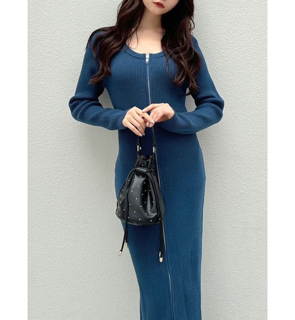 RESEXXY「フロントジップニットワンピース」|ワンピース|ブルー