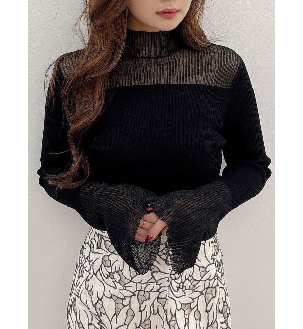 MERCURYDUO「シアー切替フレアスリーブニット」|ニット・セーター|ブラック