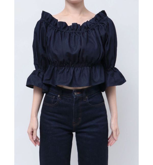 MERCURYDUO「デニム2WAYオフショル五分袖シャーリングブラウス」|シャツ・ブラウス|