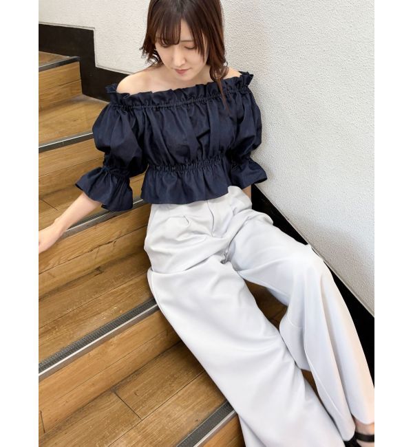 MERCURYDUO「デニム2WAYオフショル五分袖シャーリングブラウス」|シャツ・ブラウス|