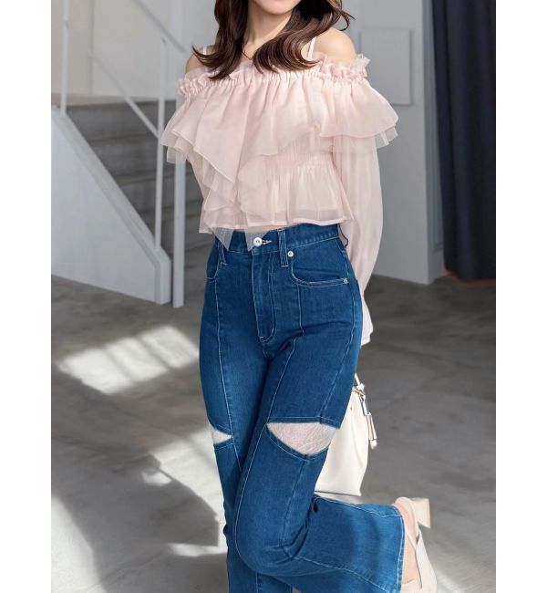 MERCURYDUO「レーストリミングカットアウトデニムパンツ」|デニム|