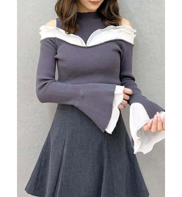MERCURYDUO「プリーツフリル使いニット」|ニット・セーター|チャコールグレー