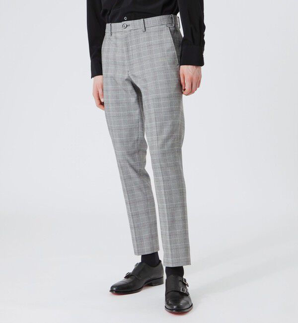  「シンセティックレザーコンビ グレンチェックスリムスラックス」|スラックス|グレー